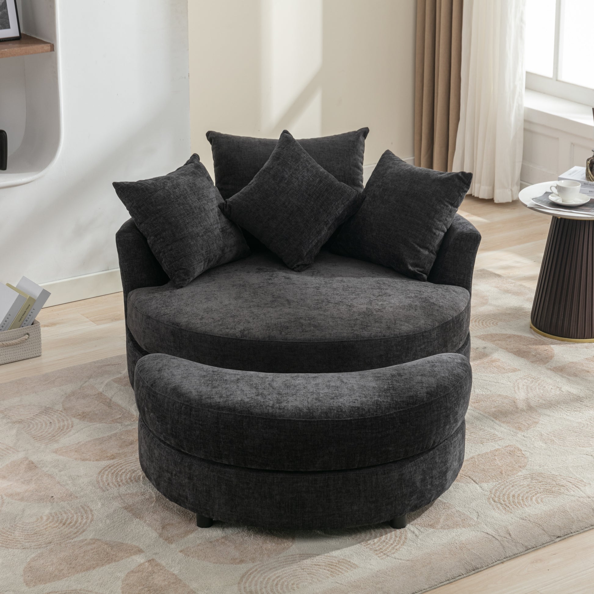 Orisfur. 360 Swivel Accent Barrel Chair With Storage Ottoman & 4 Pillows, Modern Chenille Leisure Chair Round Accent For Living Room, Gray Gray Foam Chenille
