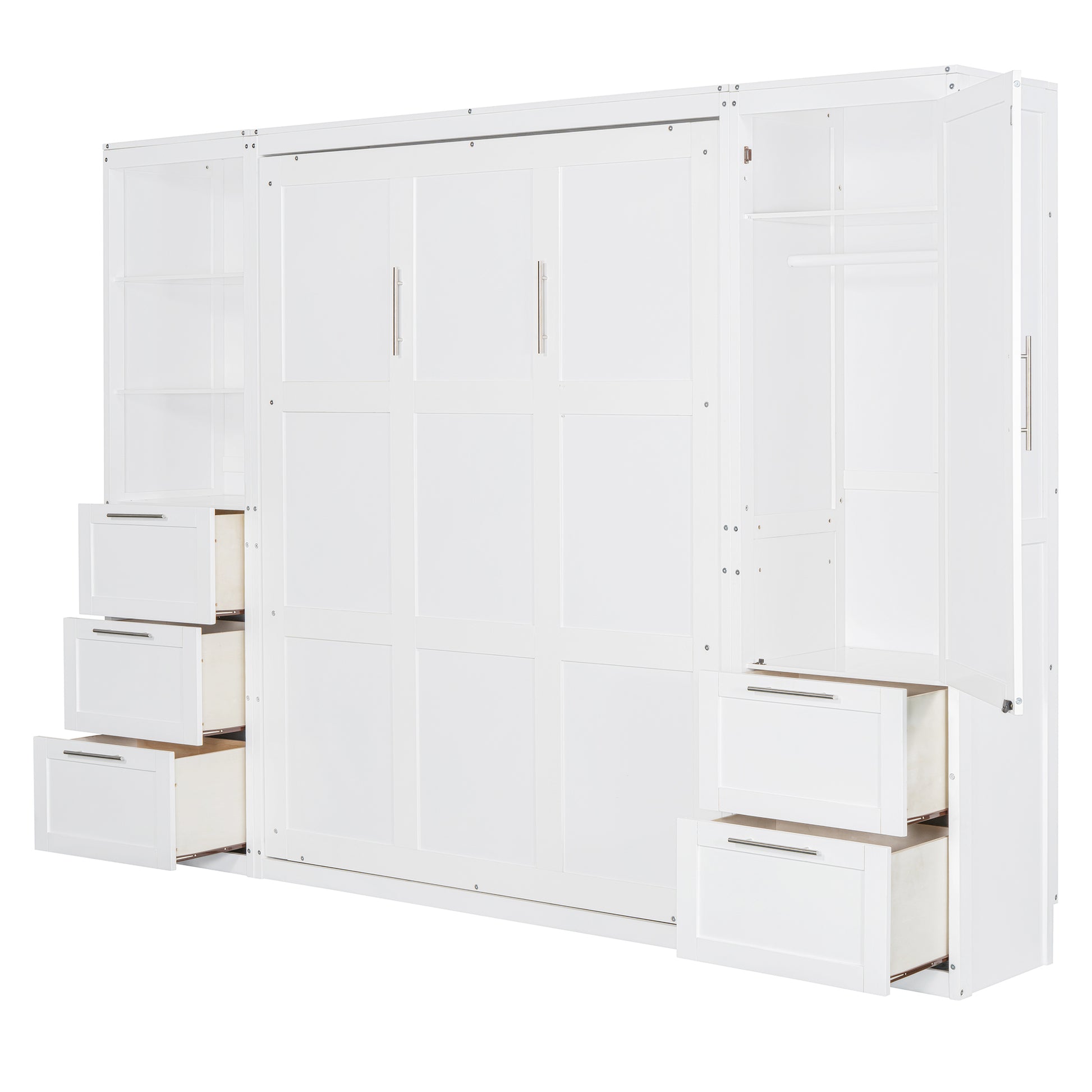Queen Size Murphy Bed Wall Bed With Closet ,Drawers And Shelves,White Queen White Mdf Lvl