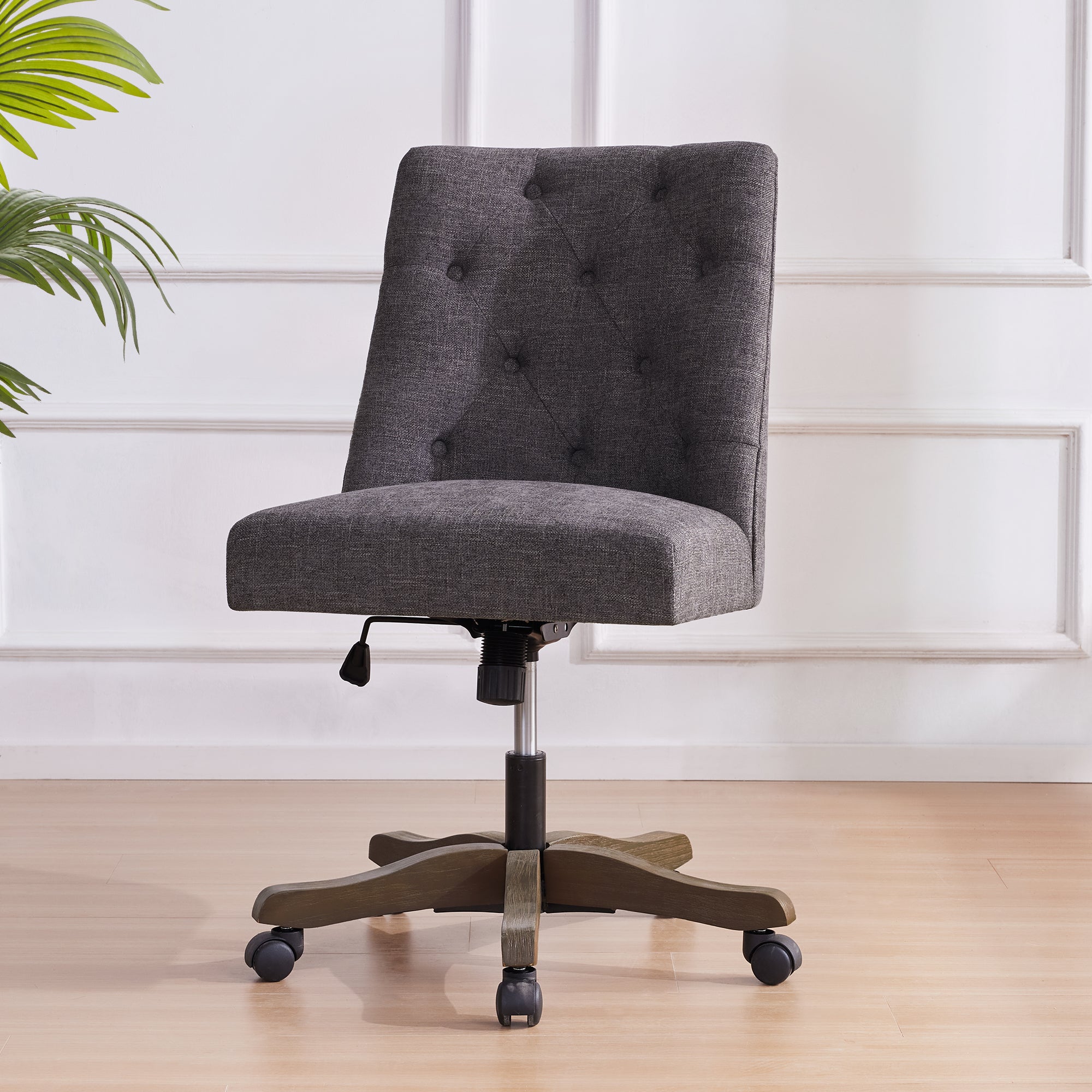 Upholstered Swivel Desk Chair, Armless Home Office Chair, Chenille Fabric Adjustable Height Computer Chair With Wheels For Study ,Grey Caster Solid Gray Office Handle Birch Wing Back Adjustable