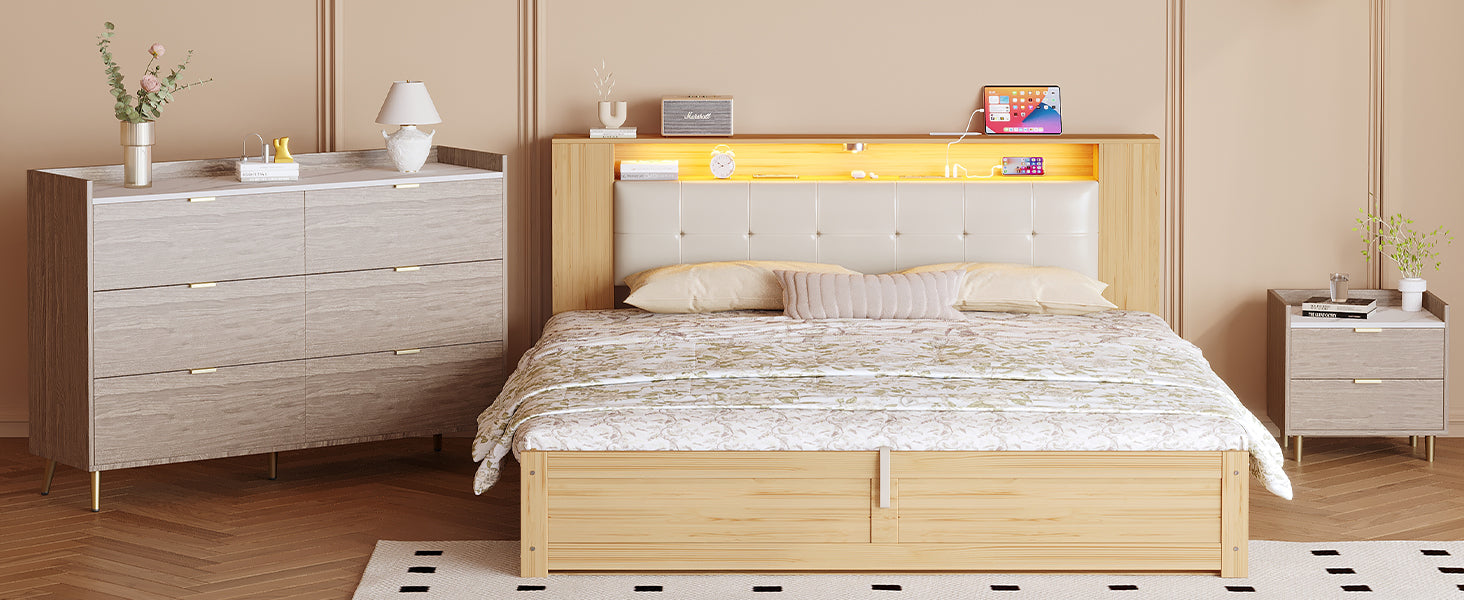 3 Pieces Bedroom Sets Queen Size Tufted Upholstered Platform Bed With Motion Activated Night Lights And Usb Charger, Modern Storage Nightstand And Dresser, Natural Queen Natural 3 Piece Set Wood