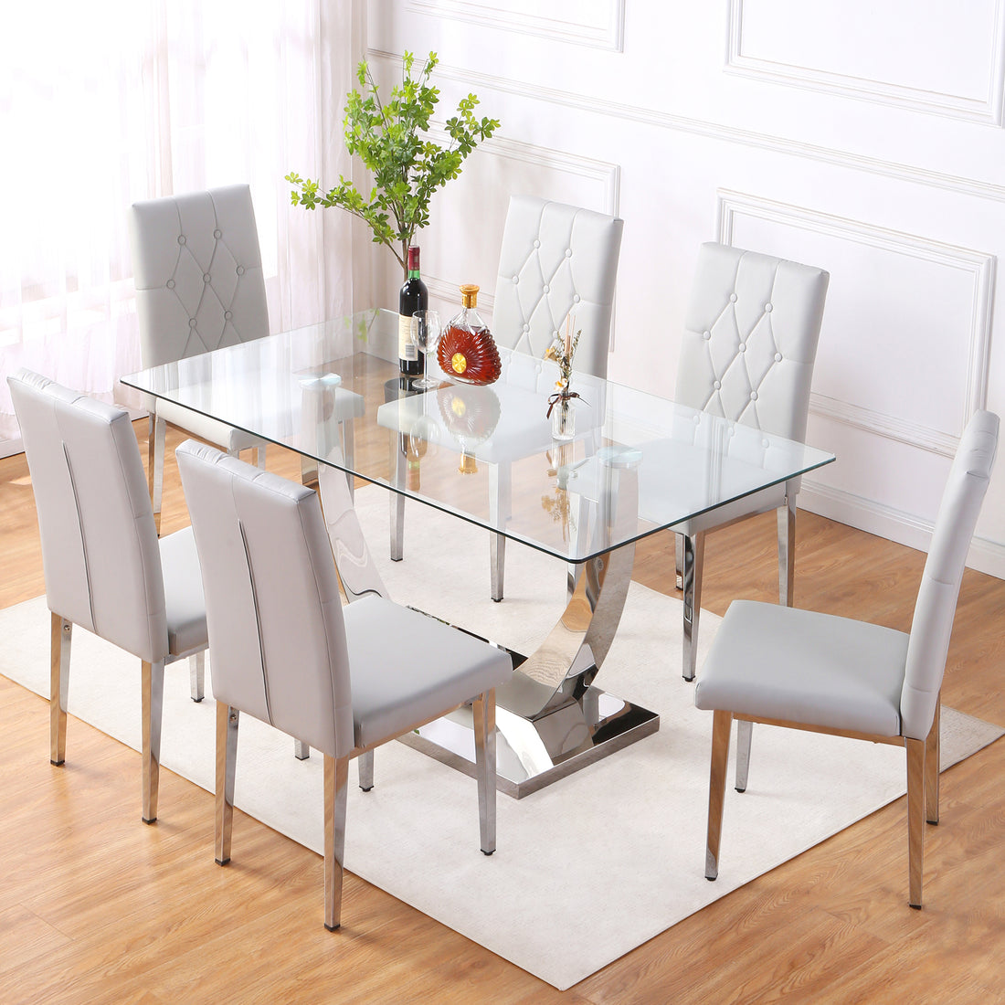 Table And Chair Set, Modern Dining Table, Tempered Glass Tabletop And Silver Colored Leg Table, Soft And Comfortable Dining Chair, Perfect For Dinner, Meetings, Home And Office Decor Gray Seats 6 Glass