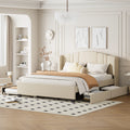 Upholstered Platform Bed With Wingback Headboard, One Twin Trundle And 2 Drawers, No Box Spring Needed, Linen Fabric, Queen Size, Beige Beige Linen