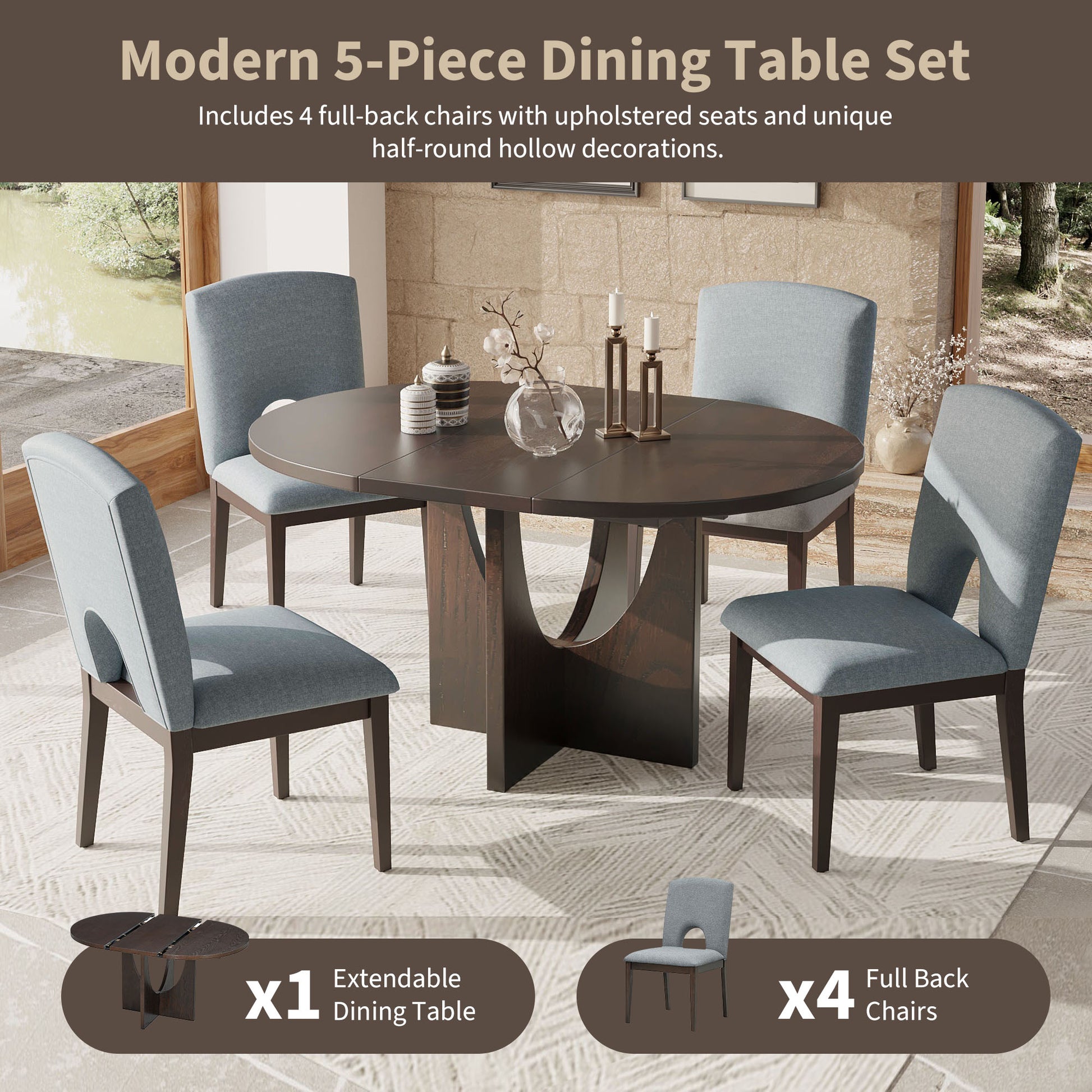 Modern 5 Piece Extendable Round Dining Table Set With 16.2Inch Removable Leaf For Small Places, Espresso Gray Wood Dining Room Solid Wood Rubberwood Round Dining Table With Chair Upholstered Chair Wood Espresso Seats 4 Removable Leaf Contemporary Round