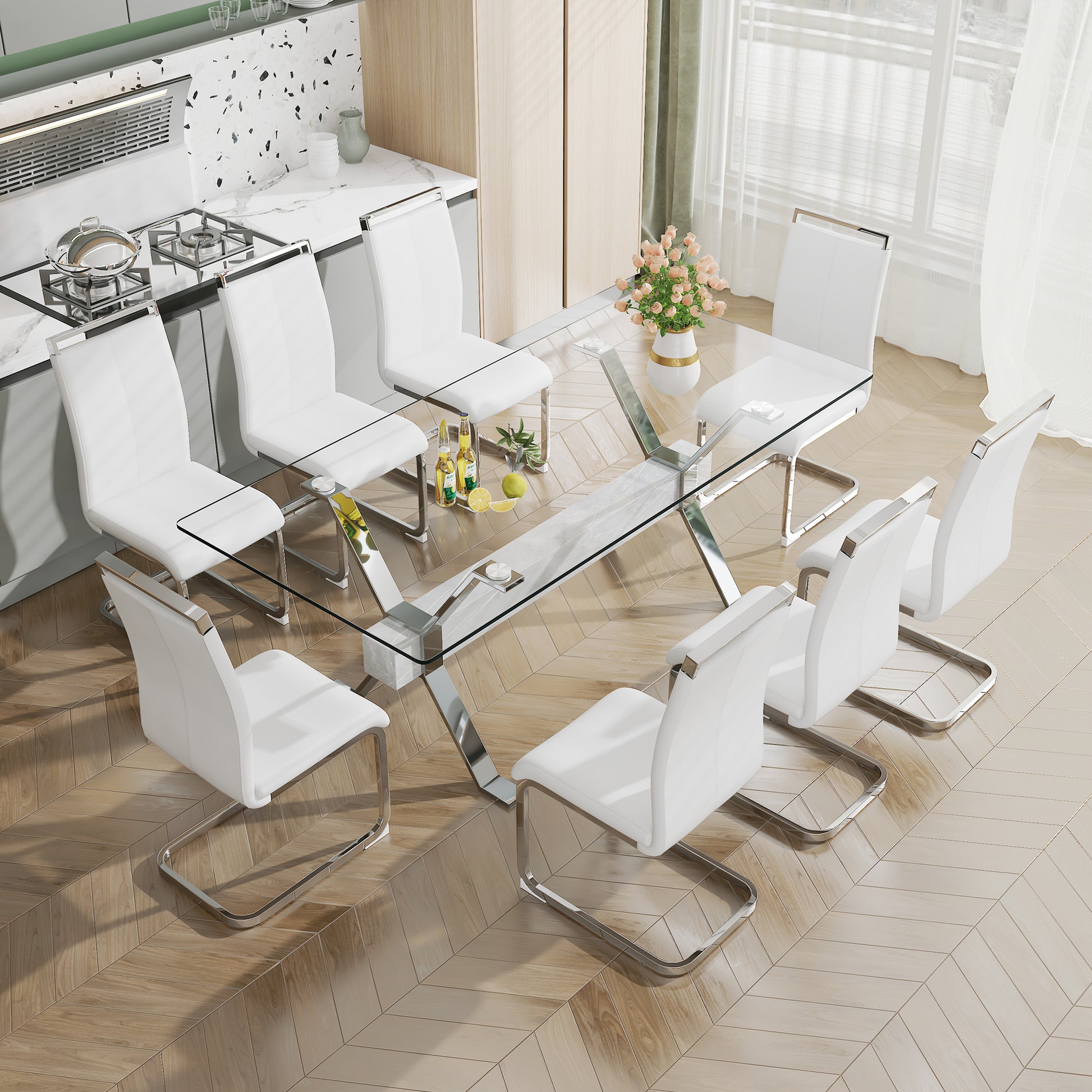 Dining Table. Modern Tempered Glass Dining Table. Large Modern Office Desk With Silver Plated Metal Legs And Mdf Crossbars, Suitable For Both Home And Office Use. Kitchen. 71 ''X35.4''X30 '' 1105 Transparent Glass