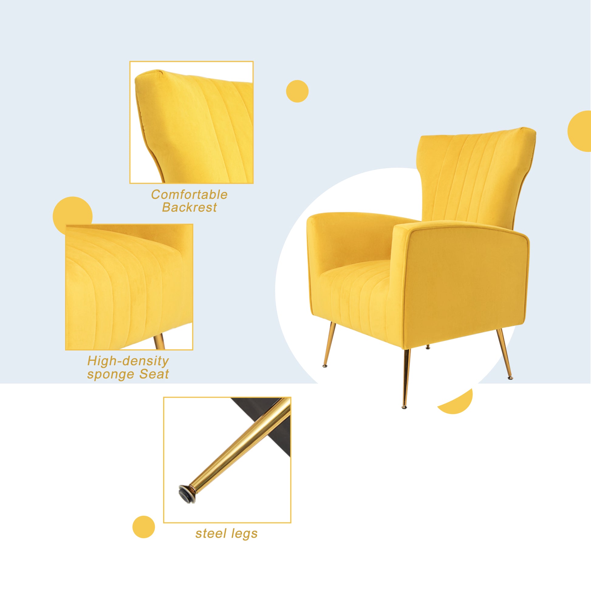Velvet Accent Chair, Wingback Arm Chair With Gold Legs, Upholstered Single Sofa For Living Room Bedroom Yellow Velvet 1 Seat
