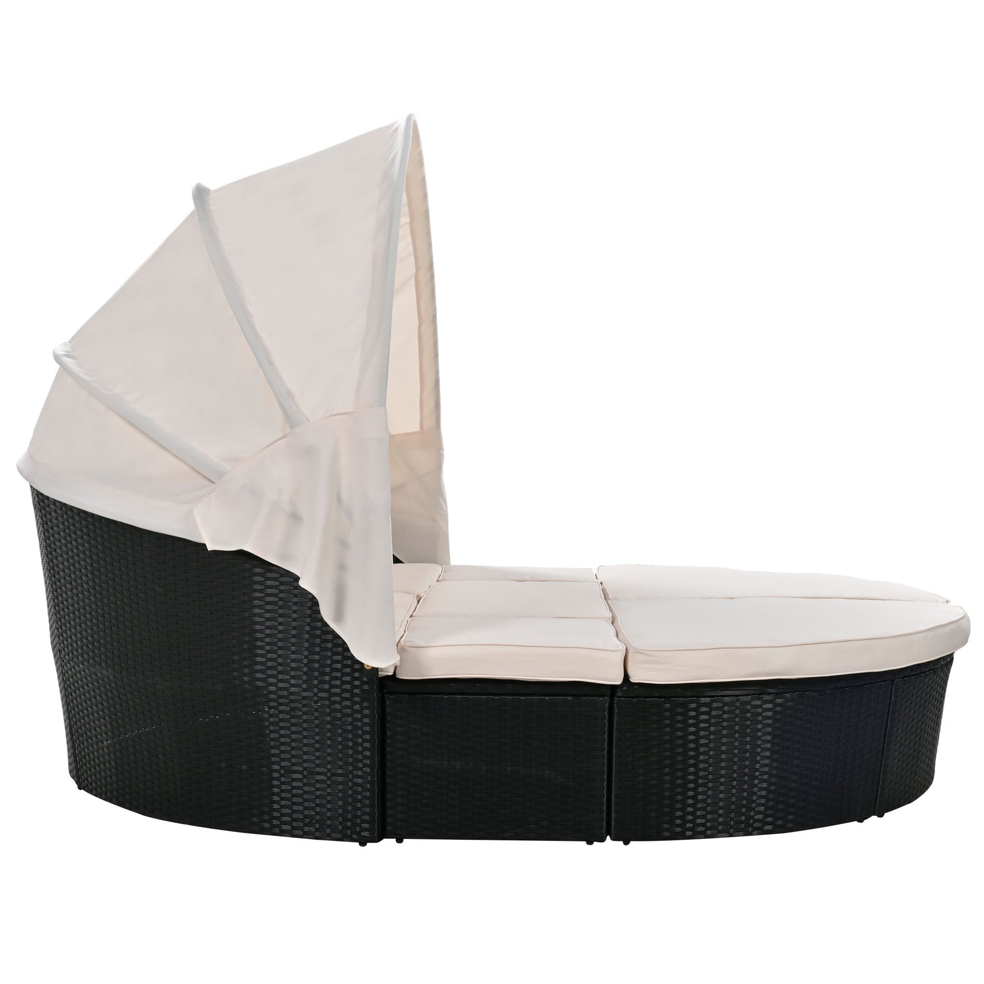 Outdoor Rattan Daybed Sunbed With Retractable Canopy Wicker Furniture, Round Outdoor Sectional Sofa Set, Black Wicker Furniture Clamshell Seating With Washable Cushions, Backyard, Porch, Beige Yes Beige Seats 8 Garden & Outdoor Foam Wicker