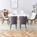 Modern Minimalist Dining Table. White Imitation Marble Pattern Sintered Stone Desktop With Black Metal Legs.Modern Dining Chair With Pu Artificial Leather Backrest Cushion And Black Metal Legs.F 001 Black Gold Sintered Stone
