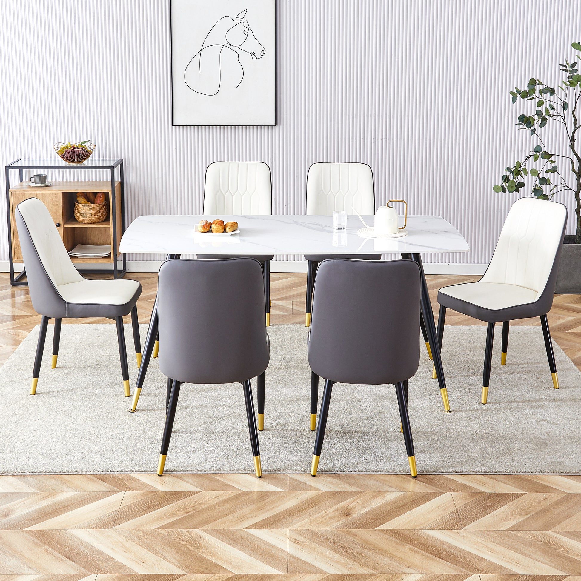 Modern Minimalist Dining Table. White Imitation Marble Pattern Sintered Stone Desktop With Black Metal Legs.Modern Dining Chair With Pu Artificial Leather Backrest Cushion And Black Metal Legs.F 001 Black Gold Sintered Stone