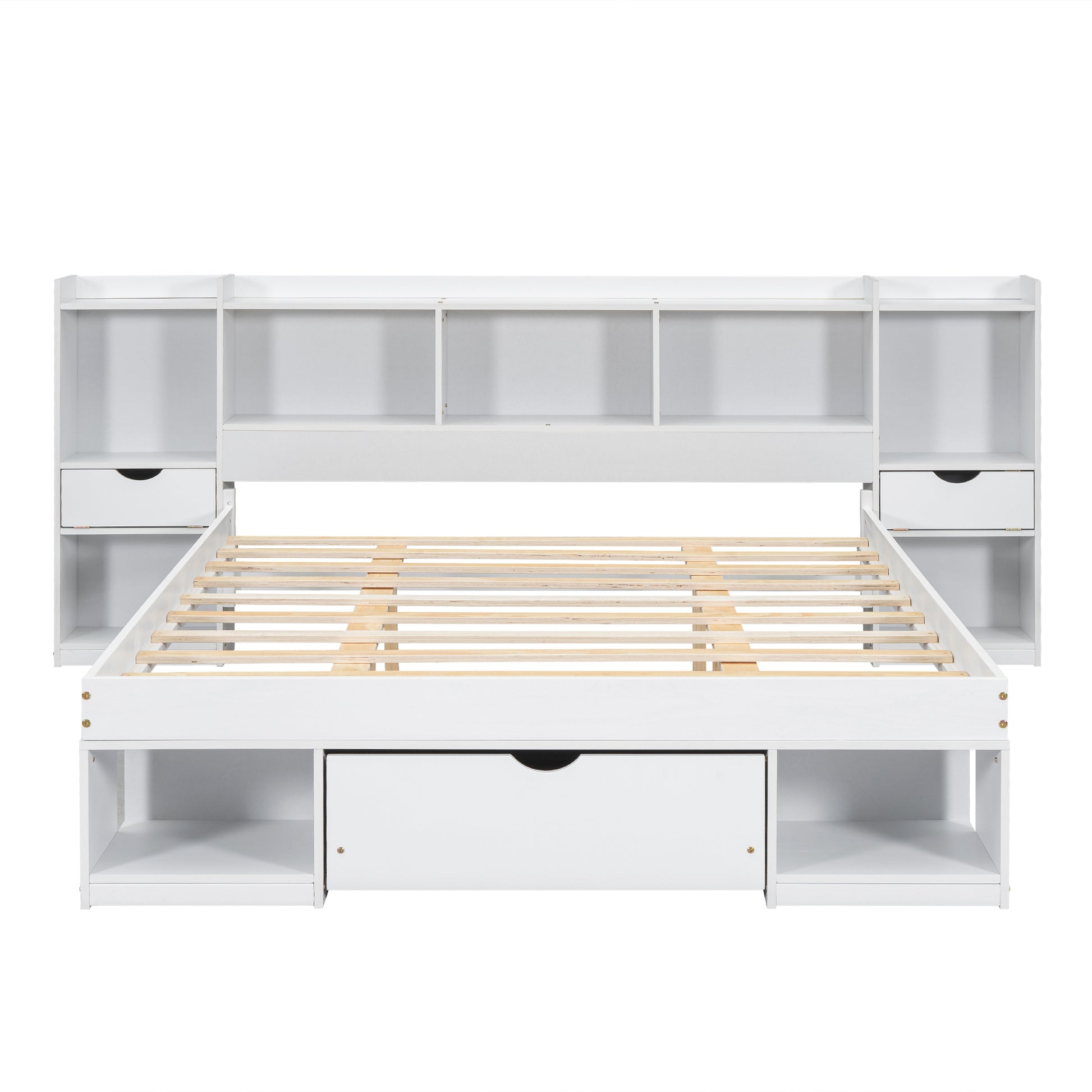 Queen Size Wood Platform Bed With Multi Storage Headboard And A Drawer, White Box Spring Not Required Queen White Wood Bedroom Bed Frame Solid Wood Mdf