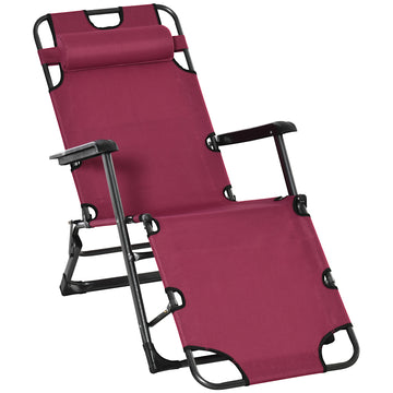 Outsunny Folding Chaise Lounge Chair For Outside, 2 In 1 Tanning Chair With Pillow & Pocket, Adjustable Pool Chair For Beach, Patio, Lawn, Deck, Red Red Metal