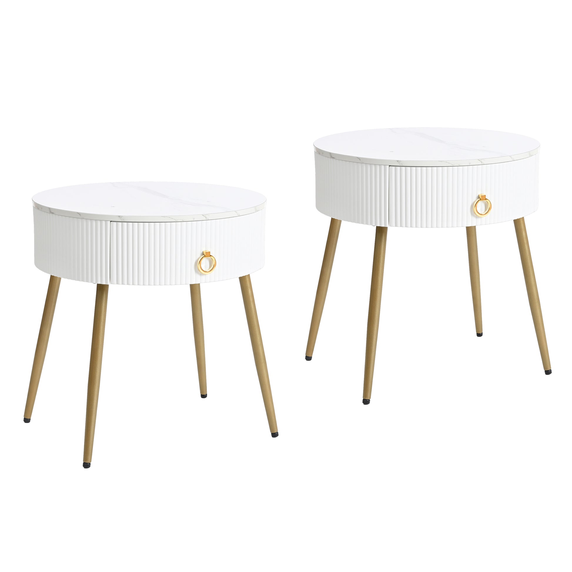 19.6'' Easy Assembly End Tables With High Gloss Faux Marble Tabletops, Set Of 2, Modern Fluted 2 Side Tables With Drawers, Round Coffee Tables With Golden Legs For Living Room, White White Gold Primary Living Space Drawers Round Mdf Iron