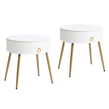 19.6'' Easy Assembly End Tables With High Gloss Faux Marble Tabletops, Set Of 2, Modern Fluted 2 Side Tables With Drawers, Round Coffee Tables With Golden Legs For Living Room, White White Gold Primary Living Space Drawers Round Mdf Iron