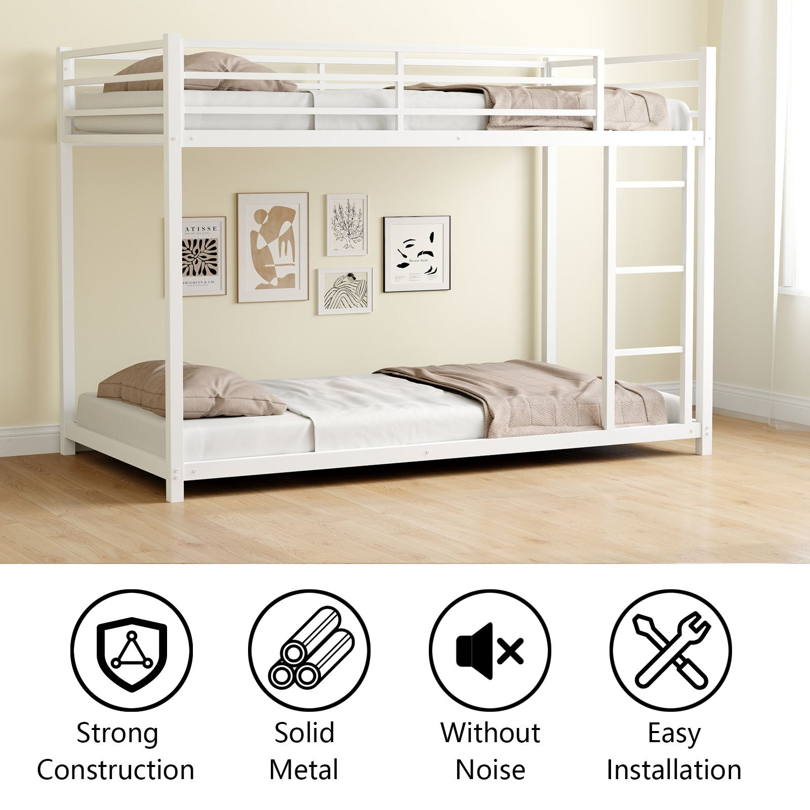 Metal Twin Over Twin Bunk Bed Heavy Duty Sturdy Metal Noise Reduced Safety Guardrail No Box Spring Needed,White Twin White Metal Metal