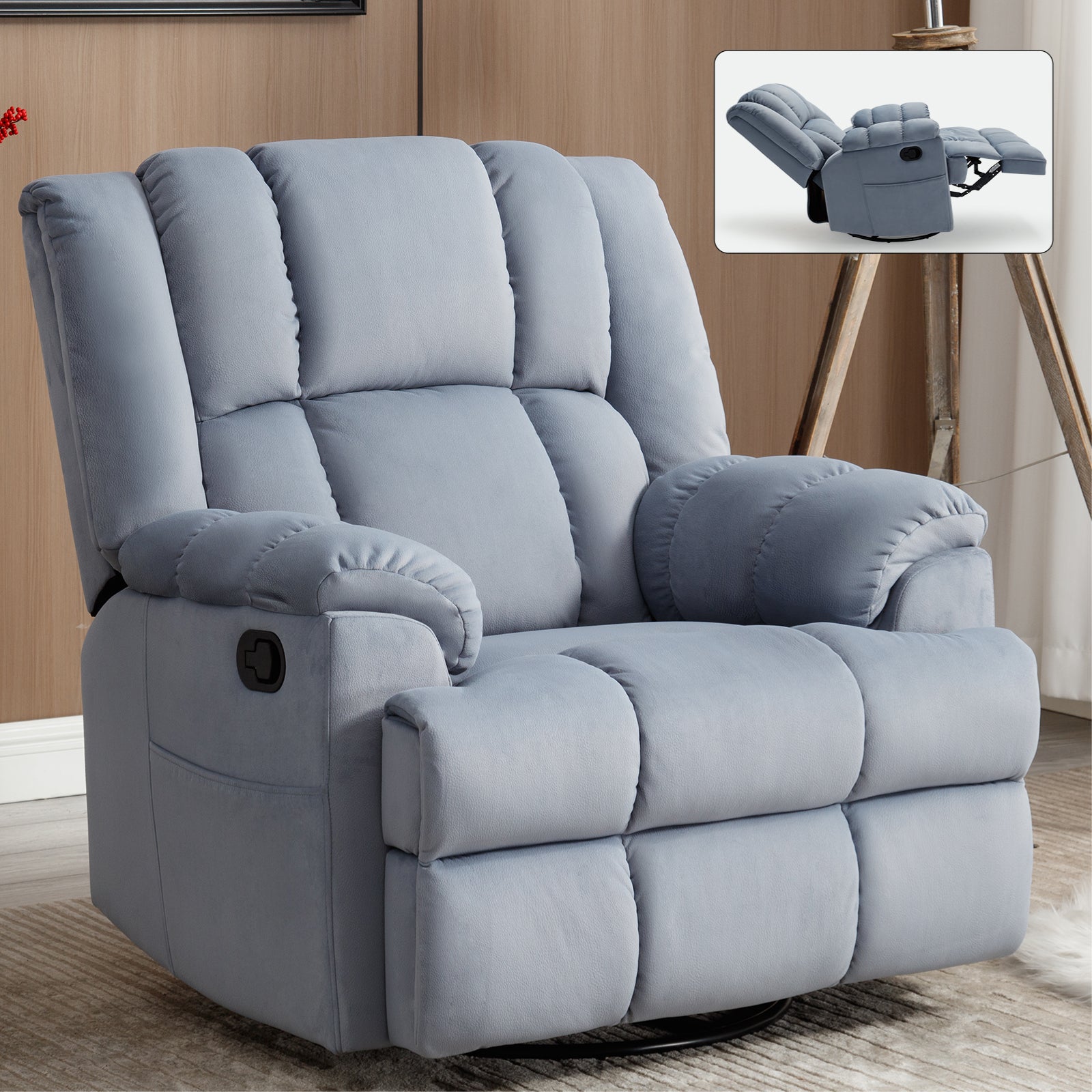 Manual Recliner Chair With Rocker And Swivel In Fabric For Living Room, Blue Blue Polyester Manual Handle Metal Primary Living Space Medium Firm Cushion Back Heavy Duty American Design Pine Pillow