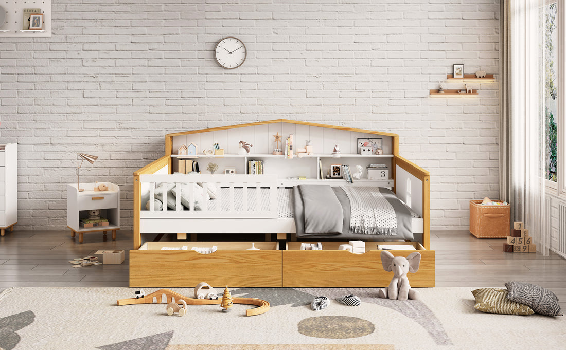 Full Size House Shape Daybed With Two Drawers And Bookcase Headboard Wooden Bed For Girls Boys Teens, No Box Spring Needed, Walnut And White Box Spring Not Required Full White Walnut Wood Bedroom Cute Pine Bed Frame Wood