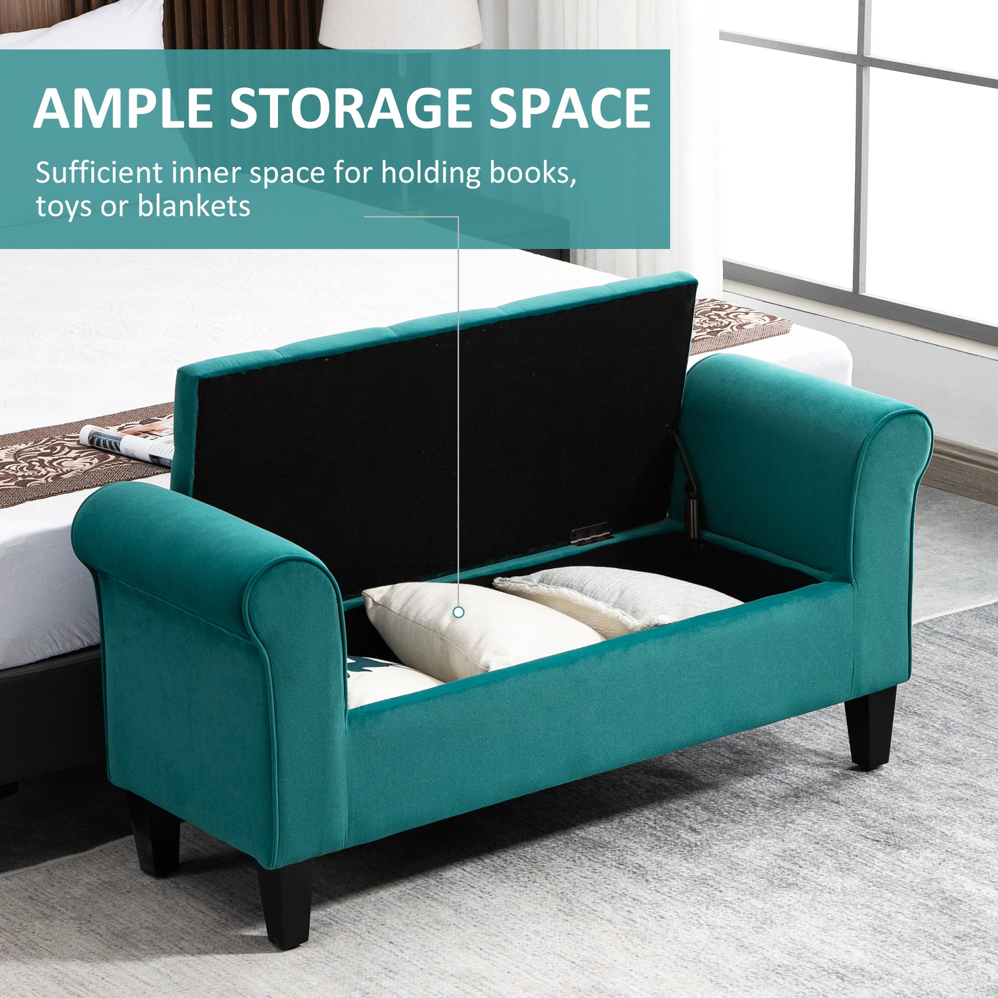 Homcom Button Tufted Storage Ottoman Bench, Upholstered Bench With Rolled Armrests For Living Room Or Hallway, Green Green Rubber Wood