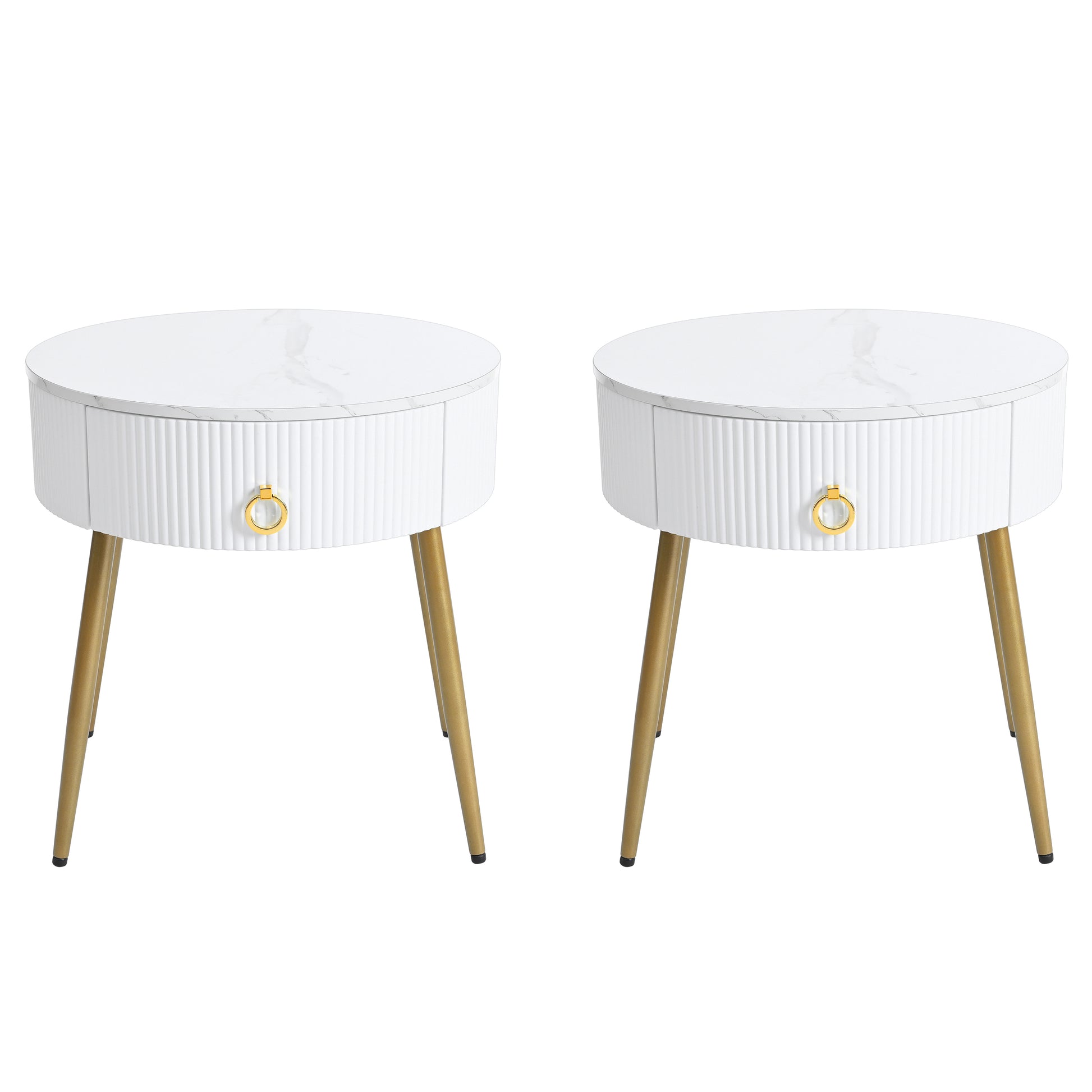 19.6'' Easy Assembly End Tables With High Gloss Faux Marble Tabletops, Set Of 2, Modern Fluted 2 Side Tables With Drawers, Round Coffee Tables With Golden Legs For Living Room, White White Gold Primary Living Space Drawers Round Mdf Iron