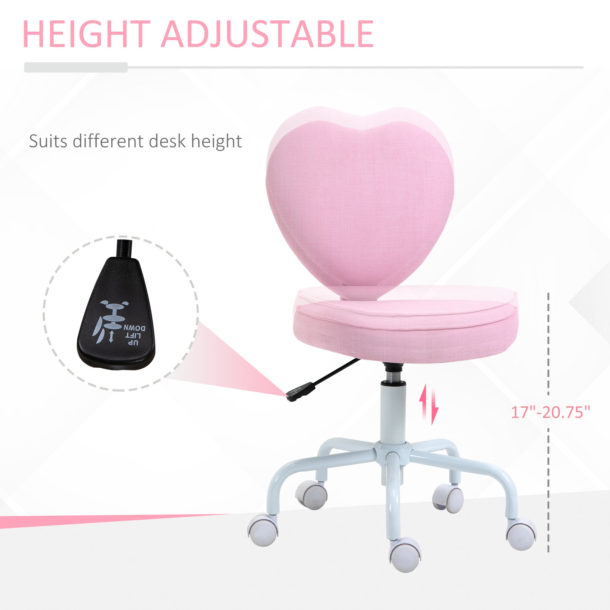 Homcom Heart Beautiful Shaped Back Design Office Chair With Adjustable Height And 360 Swivel Castor Wheels, Pink Pink Linen