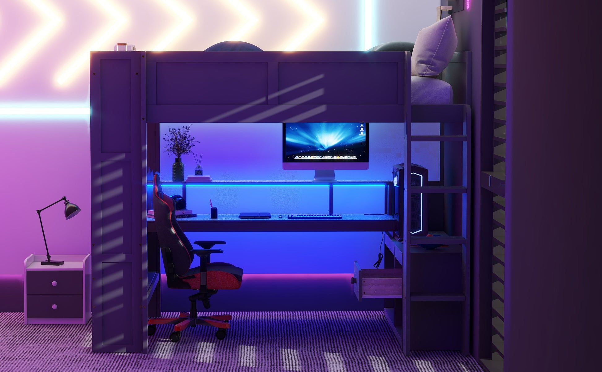 Wood Full Size Gaming Loft Bed With Desk, Multi Storage Shelves, Led And Charging Station, Dark Gray Box Spring Not Required Full Dark Gray Wood Bedroom Bed Frame Solid Wood Mdf