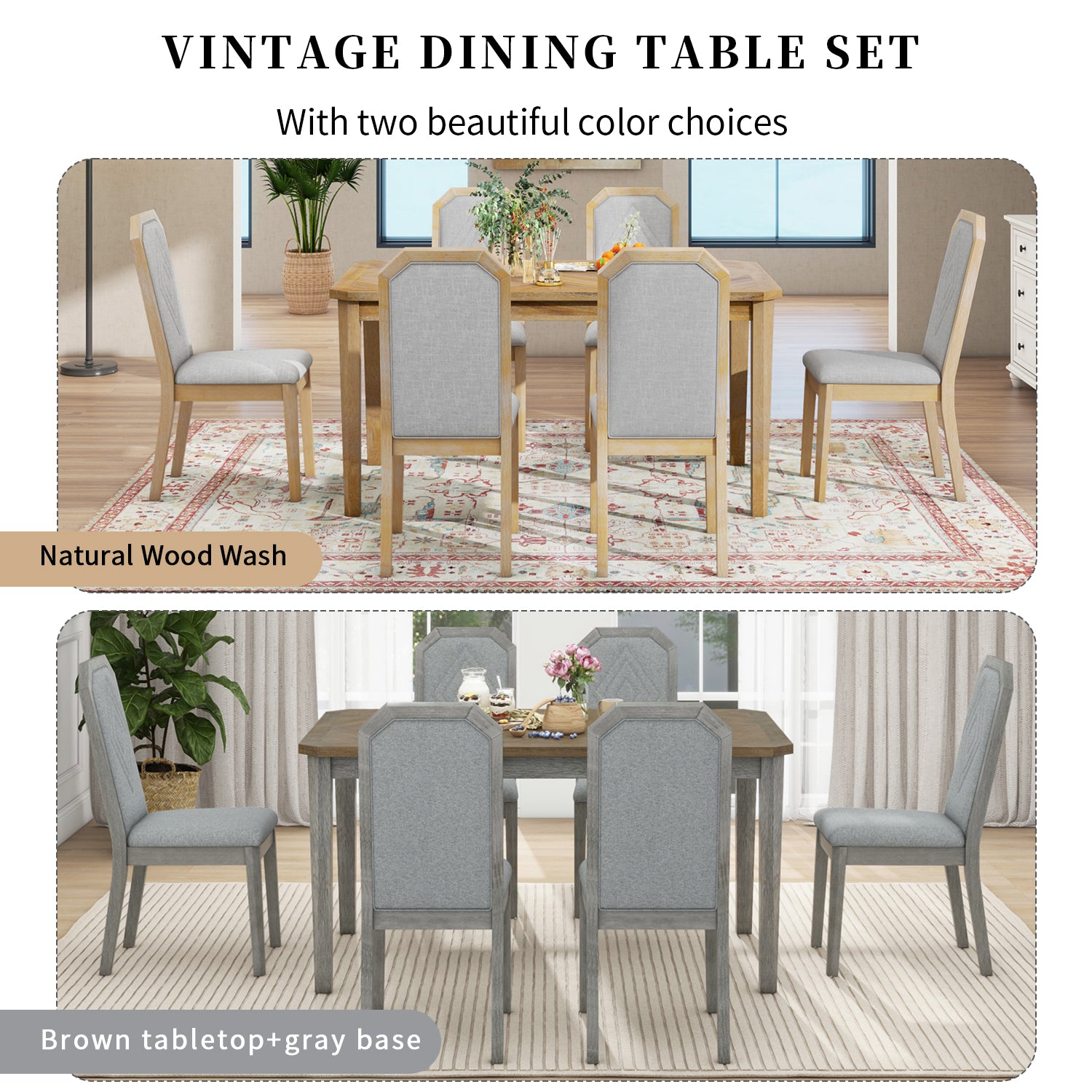 7 Piece Farmhouse Dining Set Classic Rustic Table And 6 High Back Design Chairs For Dining Room, Kitchen Natural Wood Wash Natural Wood Wash Solid Wood Mdf