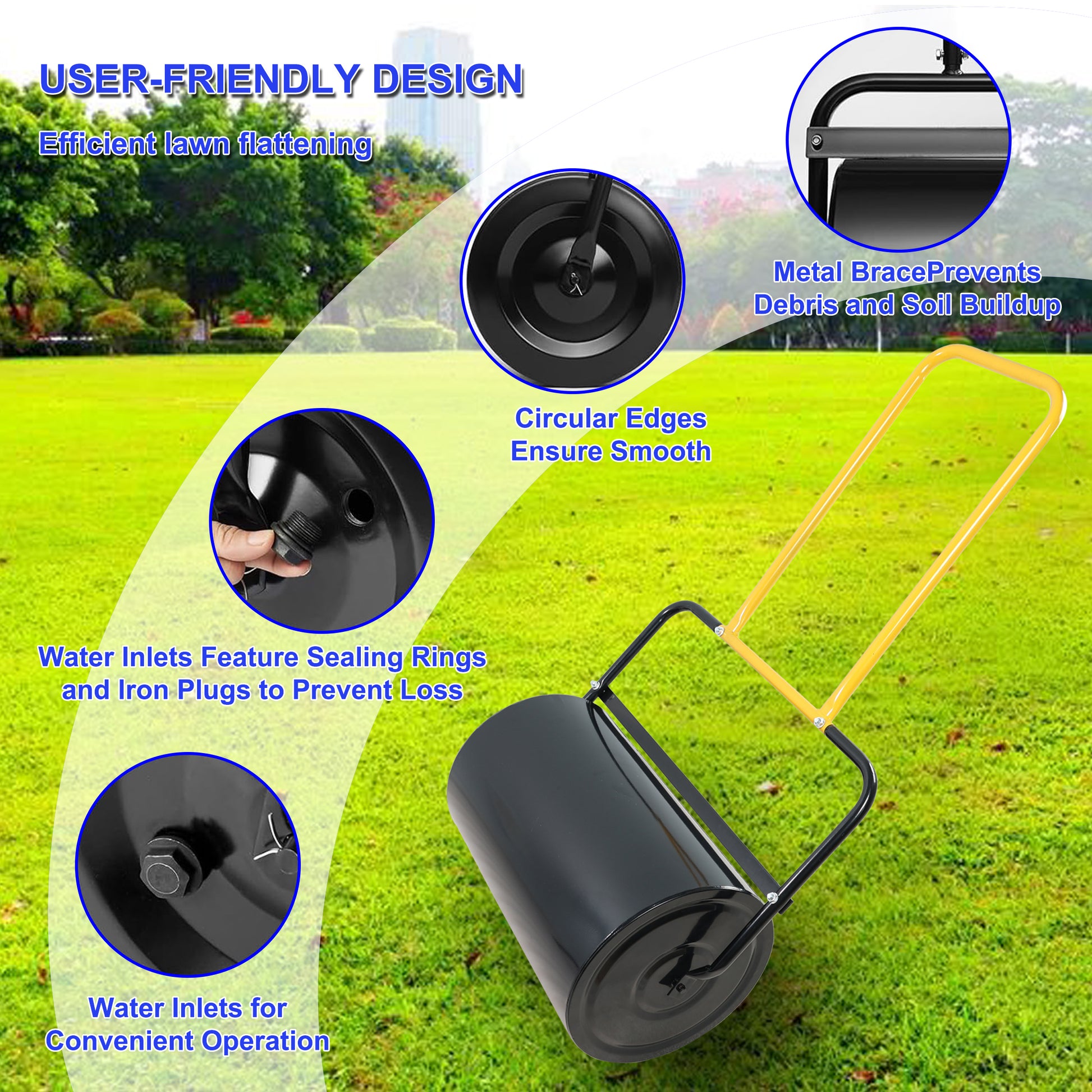 40 Litre High Capacity Lawn Roller, Can Fill Sand Water, U Shaped Ergonomic Handle, Easy To Push And Pull, Suitable For Gardens, Farms, Parks, Black Yellow Black Iron