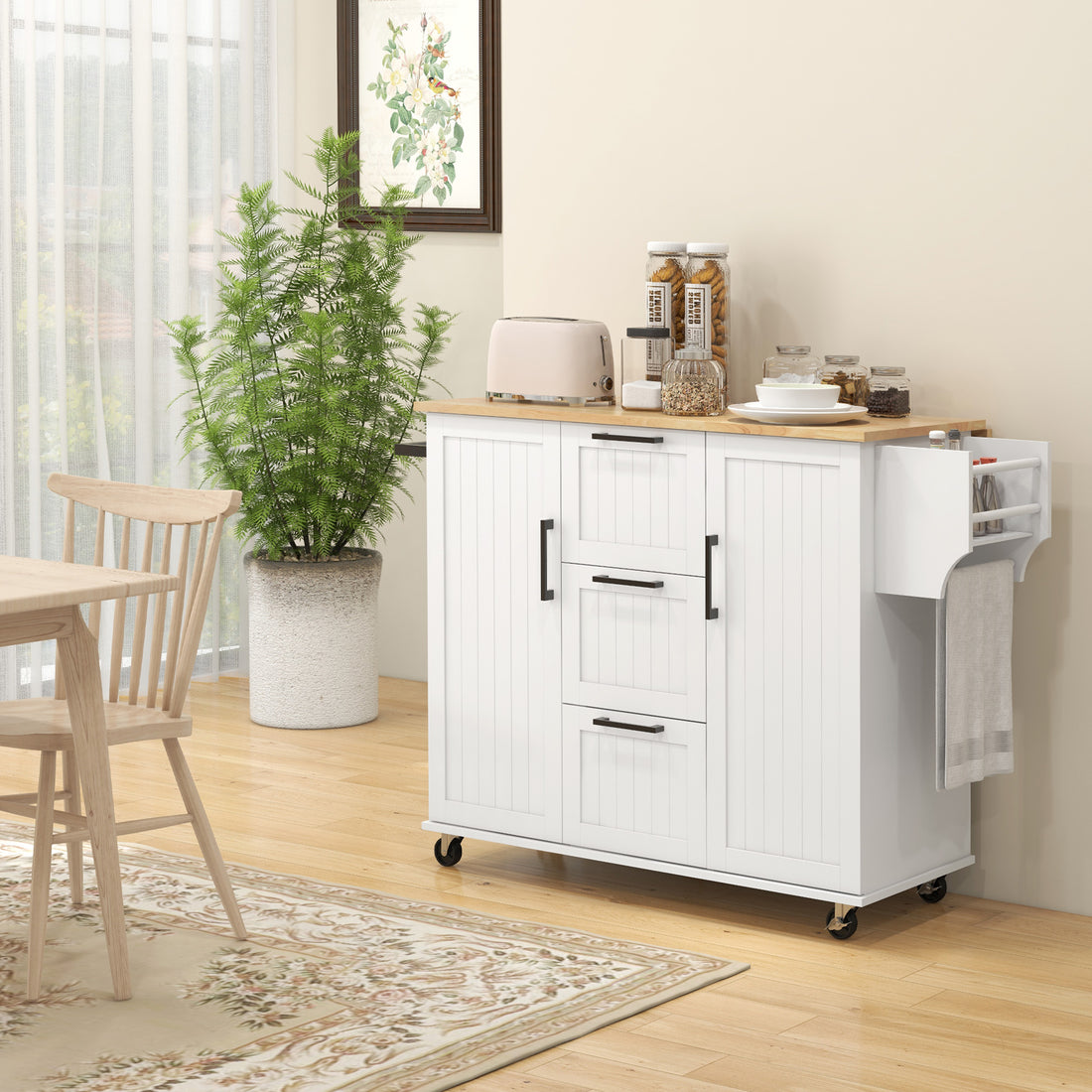 Homcom Kitchen Island With Drop Leaf, Rolling Kitchen Cart On Wheels With 3 Drawers, 2 Cabinets, Natural Wood Top, Spice Rack And Towel Rack, White White Rubber Wood