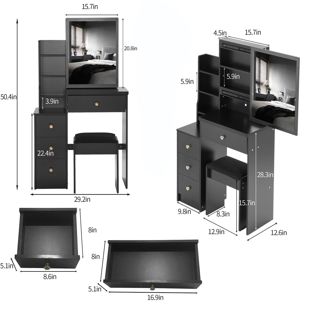 Small Size Left Bedside Cabinet Vanity Table Cushioned Stool, Extra Large Sliding Mirror, Multi Layer, High Capacity Storage Fashionable Dresser, Suitable For Small Space, Epa,Gcc,Ul Certificate
