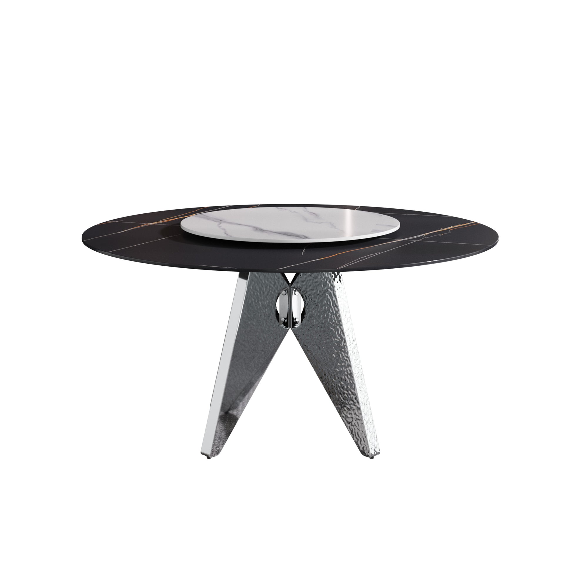 59.05" Round Marble Dining Table With Silver Stainless Steel Design Base, Artificial Marble For 6 8 People, 31.5"White Artificial Stone Turntable,White&Black Dining Table Only Black,Silver,White