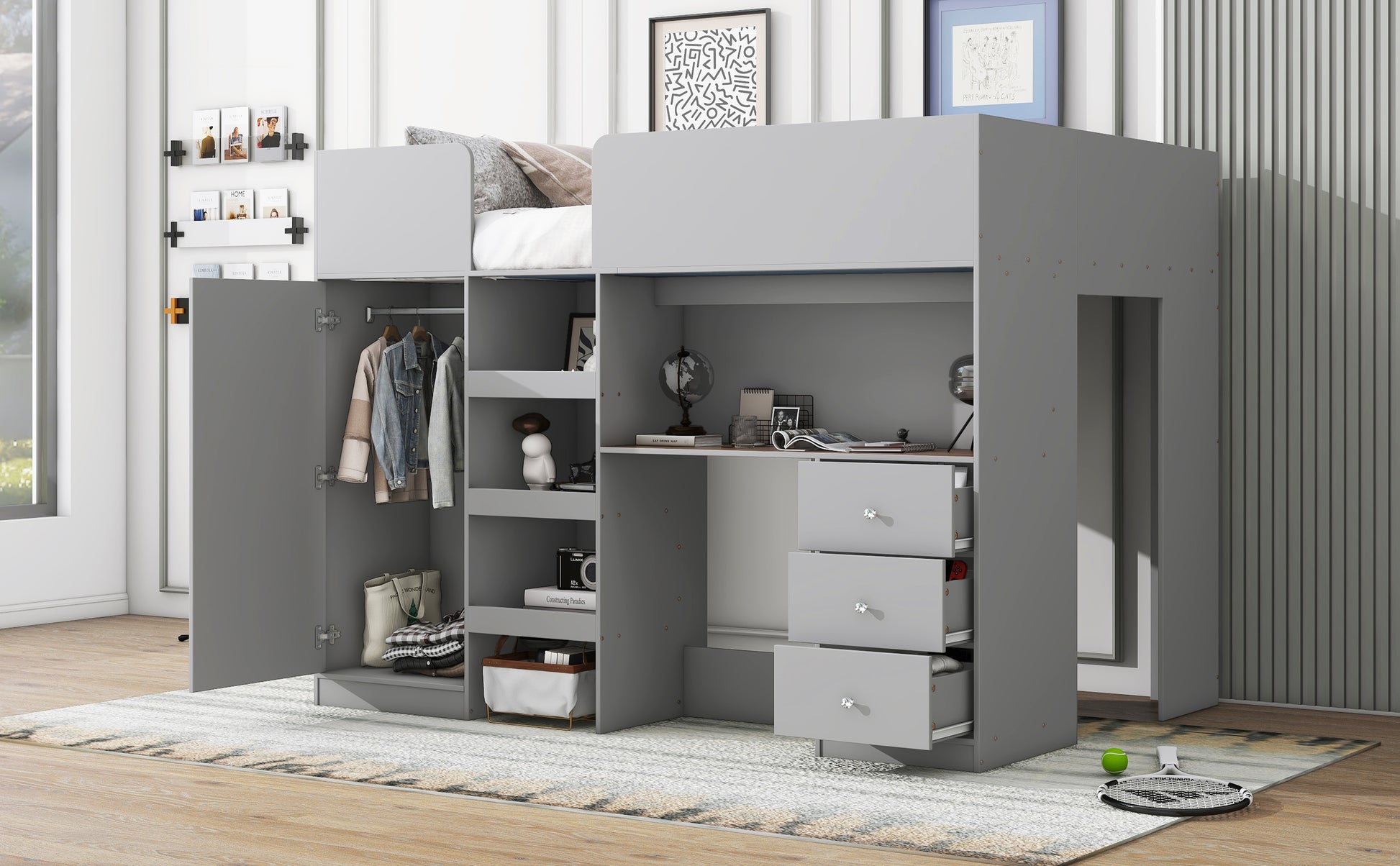 Wood Full Size Loft Bed With Built In Wardrobe, Desk, Storage Shelves And Drawers, Grey Expected Arrival Time: 9.8 Box Spring Not Required Full Grey Wood Bedroom Bed Frame Solid Wood Mdf