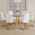 Table And Chair Set.A Modern Minimalist Style Round Clear Tempered Glass Table With Metal Legs.Paried With White Chairs With Modern Pu Leather High Back Upholstered And C Tube Golden Legs. Transparent Seats 6 Glass