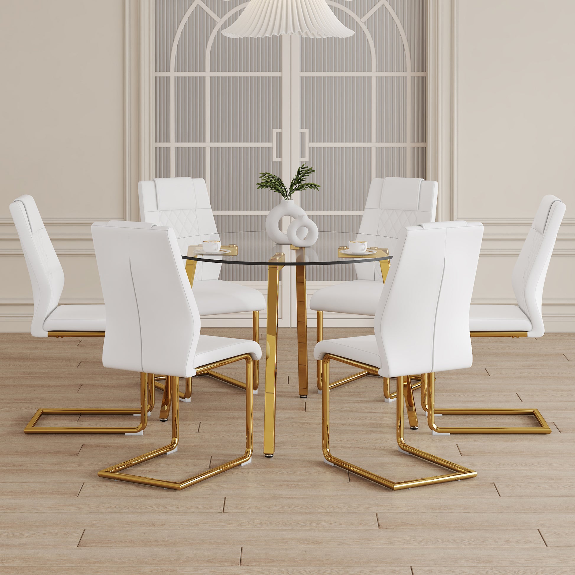 Table And Chair Set.A Modern Minimalist Style Round Clear Tempered Glass Table With Metal Legs.Paried With White Chairs With Modern Pu Leather High Back Upholstered And C Tube Golden Legs. Transparent Seats 6 Glass