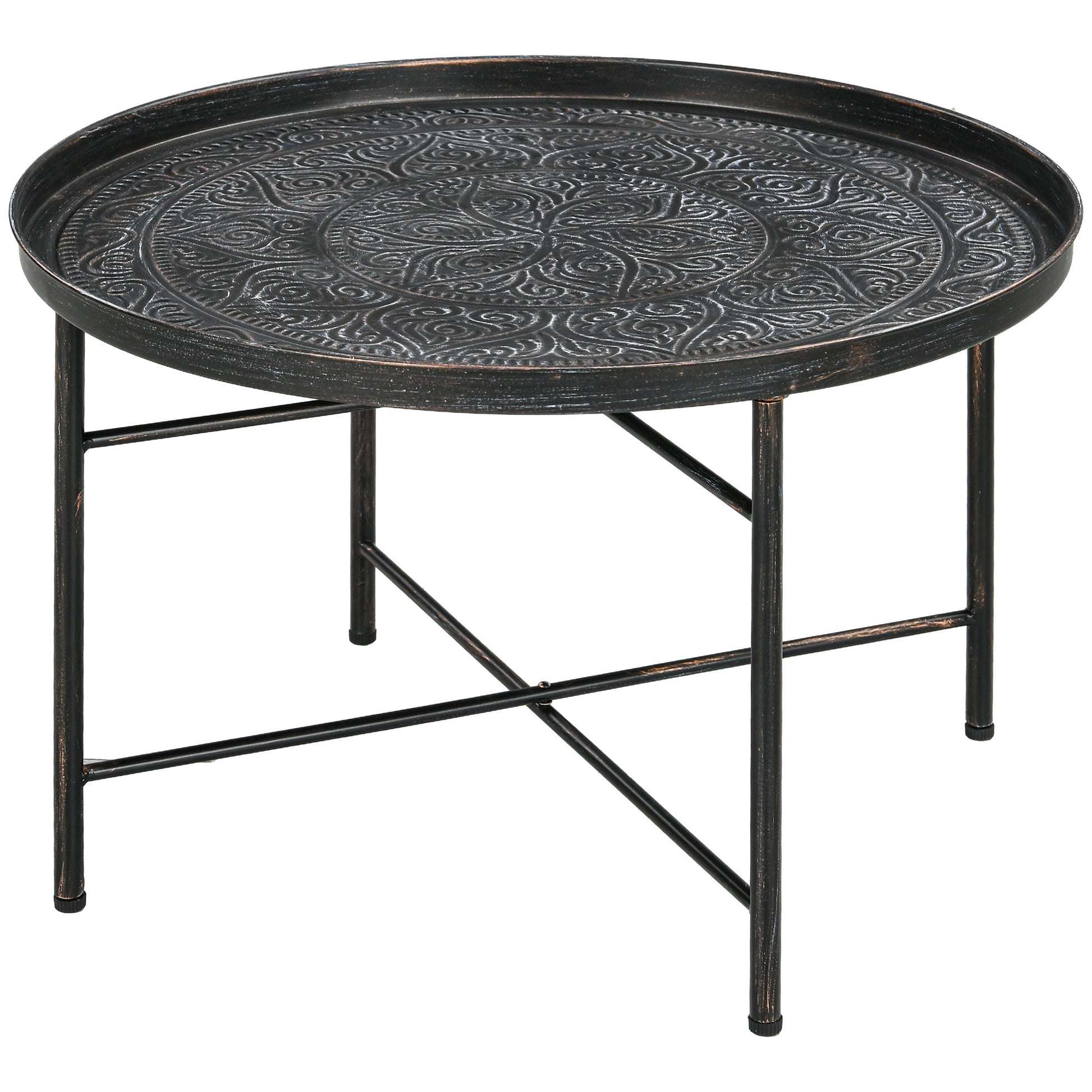 Homcom 24" Round Coffee Table With Hammered Tray Top, Vintage Metal Center Table For Living Room, Bedroom, Side Table, Pewter Pewter Metal