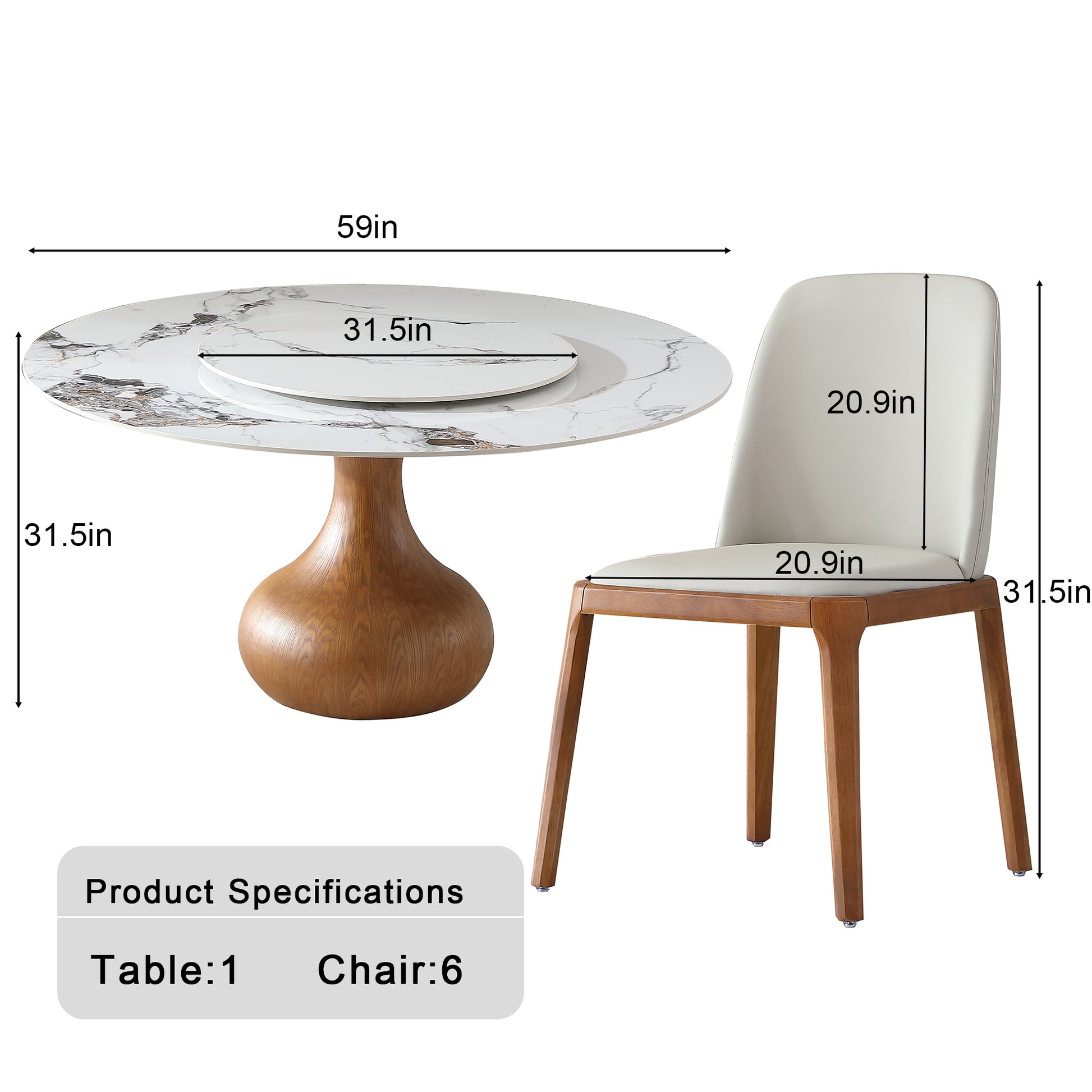 Modern Marble Dining Table, 59" Round Sintered Stone Table For Dining Room, Kitchen, Dinette, Compact Space With Lazy Susan 6 Chairs Walnut,White Dining Room American Design,Luxury,Modern Oak Round
