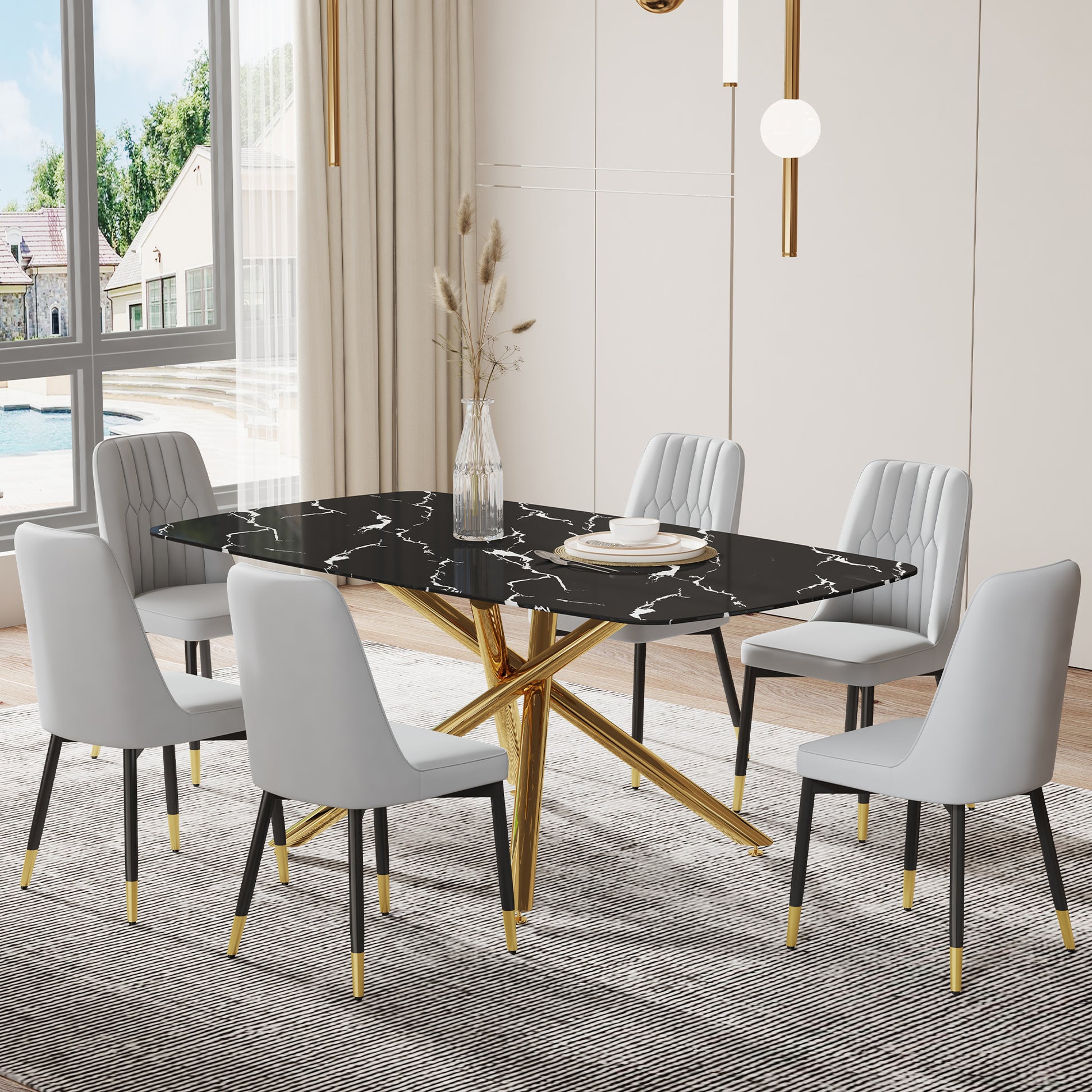 Large Modern Minimalist Rectangular Dining Table With 0.39 "Imitation Marble Black Tabletop And Golden Metal Legs, Paired With Chairs With Pu Cushions And Black Metal Legs. F 1537 C 007 Black Gold Glass Metal