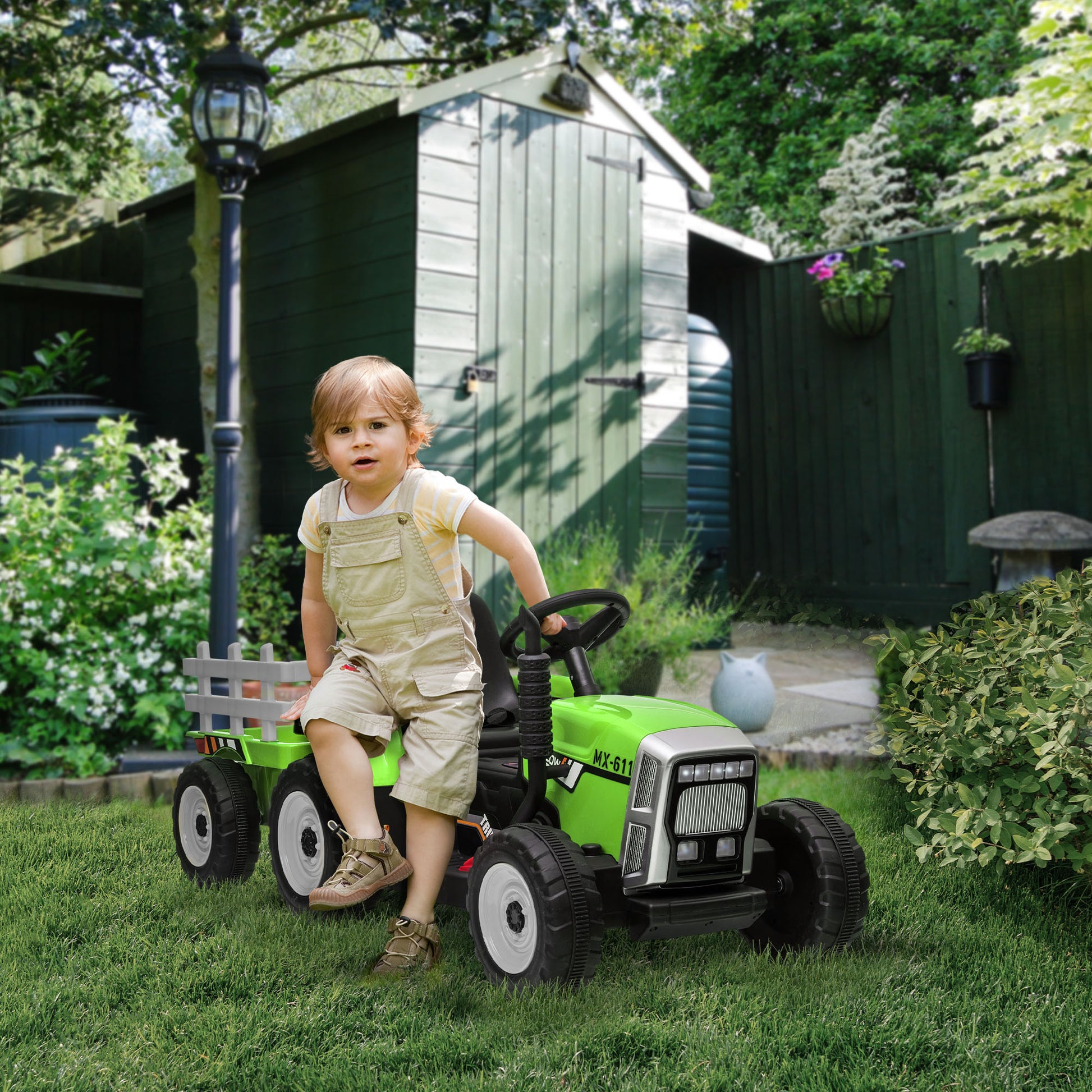Aosom 12V Ride On Tractor With Trailer, 25W Dual Motors, Battery Powered Electric Tractor With Remote Control, Music Startup Sound And Horn, Led Lights, Green Green Plastic