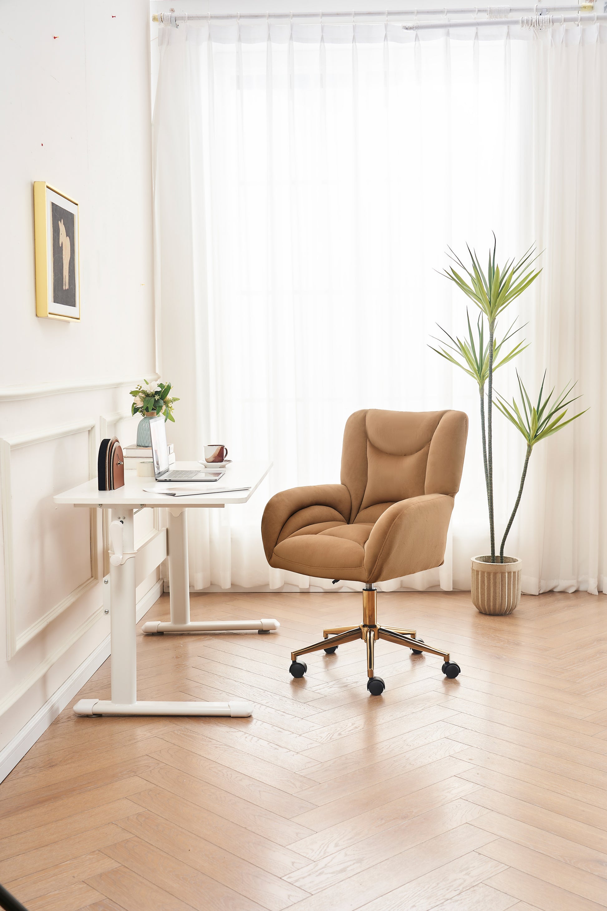 005 Velvet Fabric 360 Swivel Home Office Chair With Gold Metal Base And Universal Wheels,Coffee Solid Coffee Office Sponge Wipe Clean Modern Office Chairs Tufted Back Foam Swivel Velvet