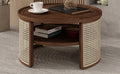 2 Tiered Round Walnut Wood Coffee Table With Storage Rattan Base In 31.3'' Walnut Rubber Wood