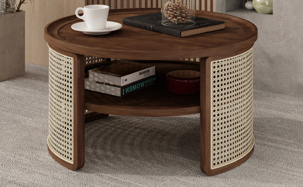 2 Tiered Round Walnut Wood Coffee Table With Storage Rattan Base In 31.3'' Walnut Rubber Wood