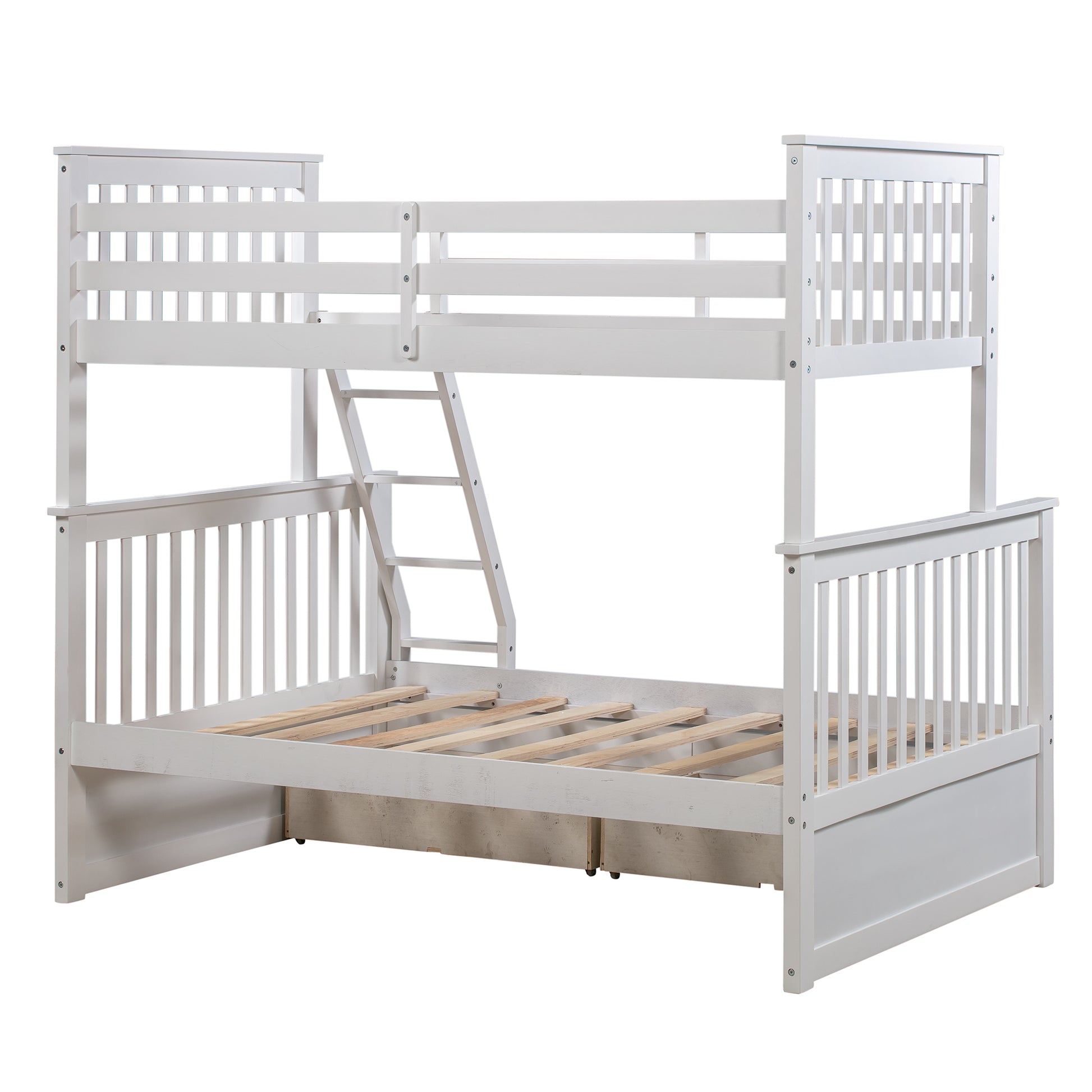 Twin Over Full Bunk Bed With Storage Drawers, Wooden Bunk Bed With Ladder And Safety Guard Rails White Full White Wood