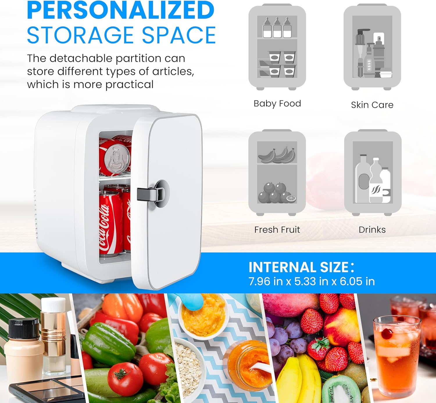 Mini 4L 6 Can, Small Refrigerator For Bedroom, Office, Dorm And Car Portable Cooler & Warmer Compact Fridge For Beverage, Skincare And Food, White White Plastic