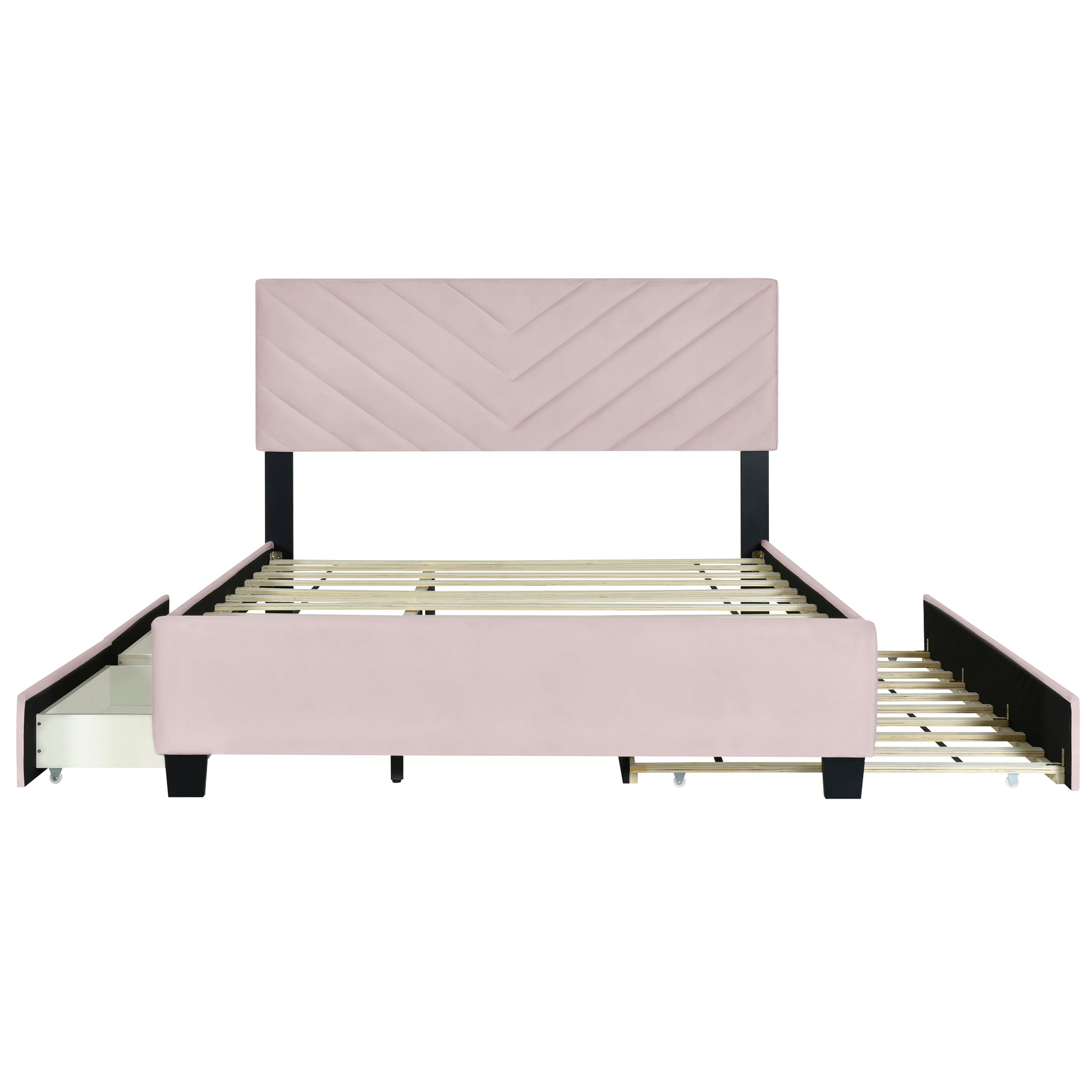 Queen Size Upholstered Platform Bed With Twill Headboard, Pullout Bed And Two Drawers, Flannel,Pink Queen Pink Mdf Lvl
