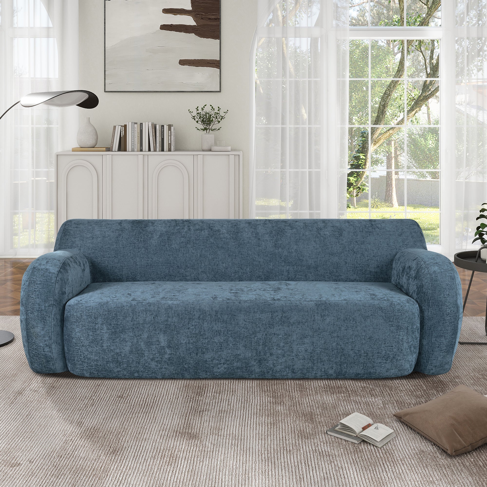 81.5'' Minimalist Curved Upholstered Sofa, 3 Seat Modular Casual Sofa For Living Room, Bedroom, And Apartments Dark Blue Polyester 3 Seat
