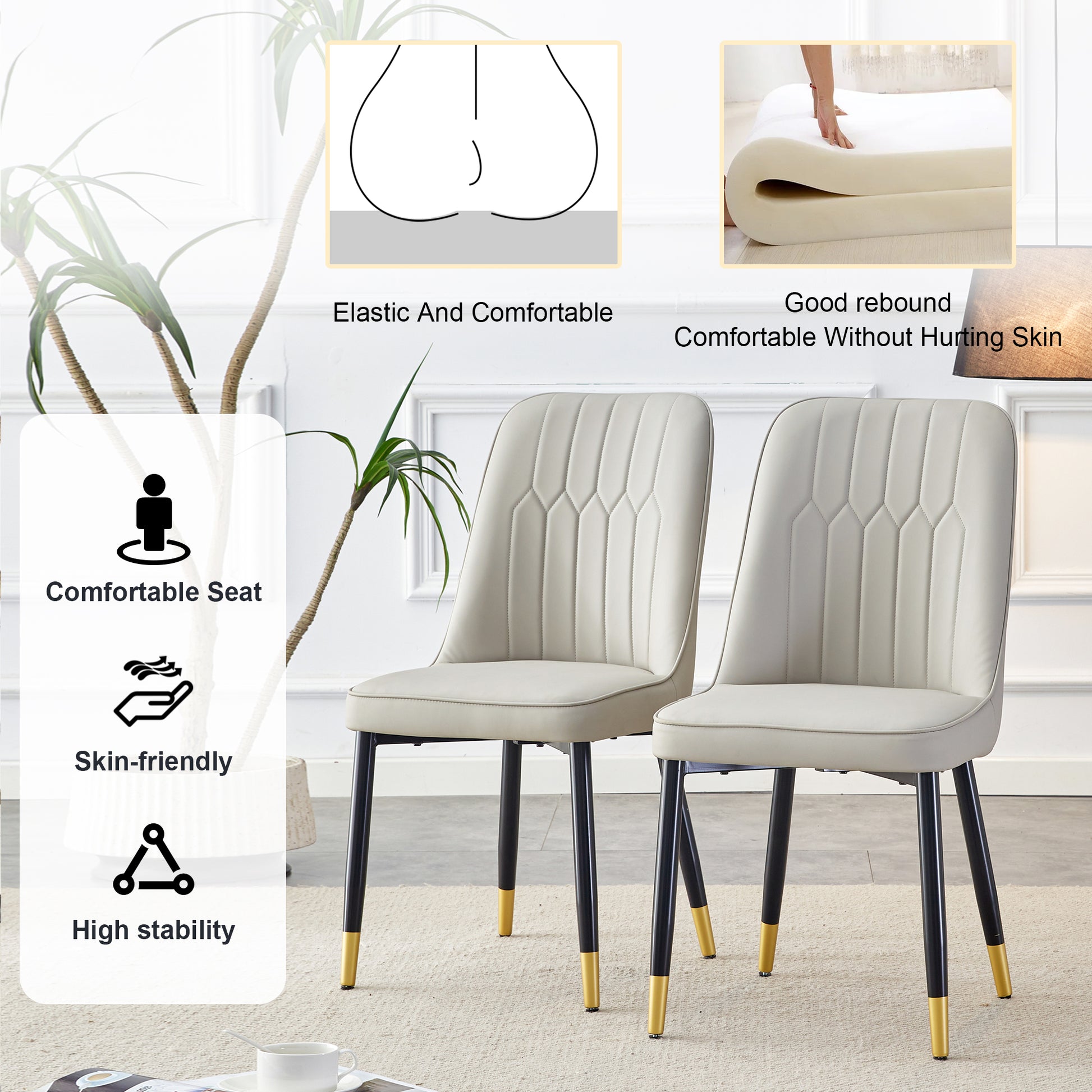 Table And Chair Set.Modern Rectangular Dining Table With Black Textured Stickers Glass Tabletop And Gold Plated Metal Legs.Paried With 4 Comfortable Chairs With Pu Seats And Black Metal Legs. Black Gold,Light Gray Seats 4 Glass Metal