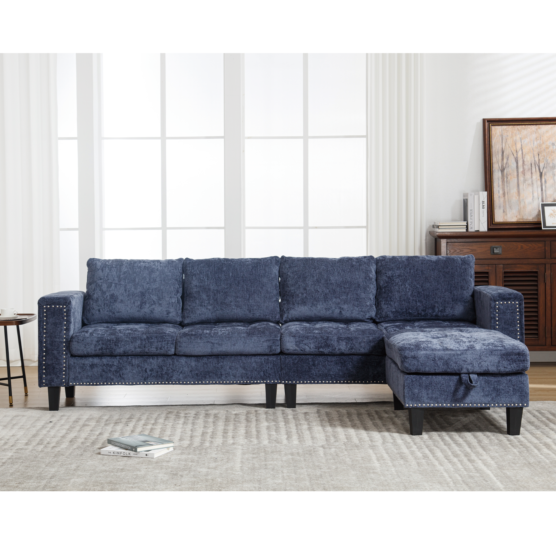 Arrived 5 Seat Modular Sofa,With Storage Ottoman, Convertible Sectional Sofa, L Shaped Couchreversible Chaise ,Riveted Sofa,Chenille, Blue Blue Polyester Wood Primary Living Space Medium Soft Cushion Back Modern Square Arms Foam Metal & Wood 5 Seat