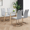 Modern Simple Rectangular Glass Dining Table, Solid Tempered Glass Countertop, Wood Transfer Metal Table Legs, Gray Pu Dining Chair Set, Suitable For Restaurant Kitchen Use Set Of 5 Upholstered Chair Glass Gray Pu Seats 4 Metal Rectangular Dining Table