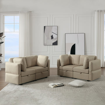 Living Room Furniture Sets, 2 Piece Comfy Upholstered Sofa Couch Set, Mid Century Modern Loveseat Sofa Sets With Storage Space Small Spaces Under Seats, Adjustable Arms And Backs Beige Beige Polyester 4 Seat