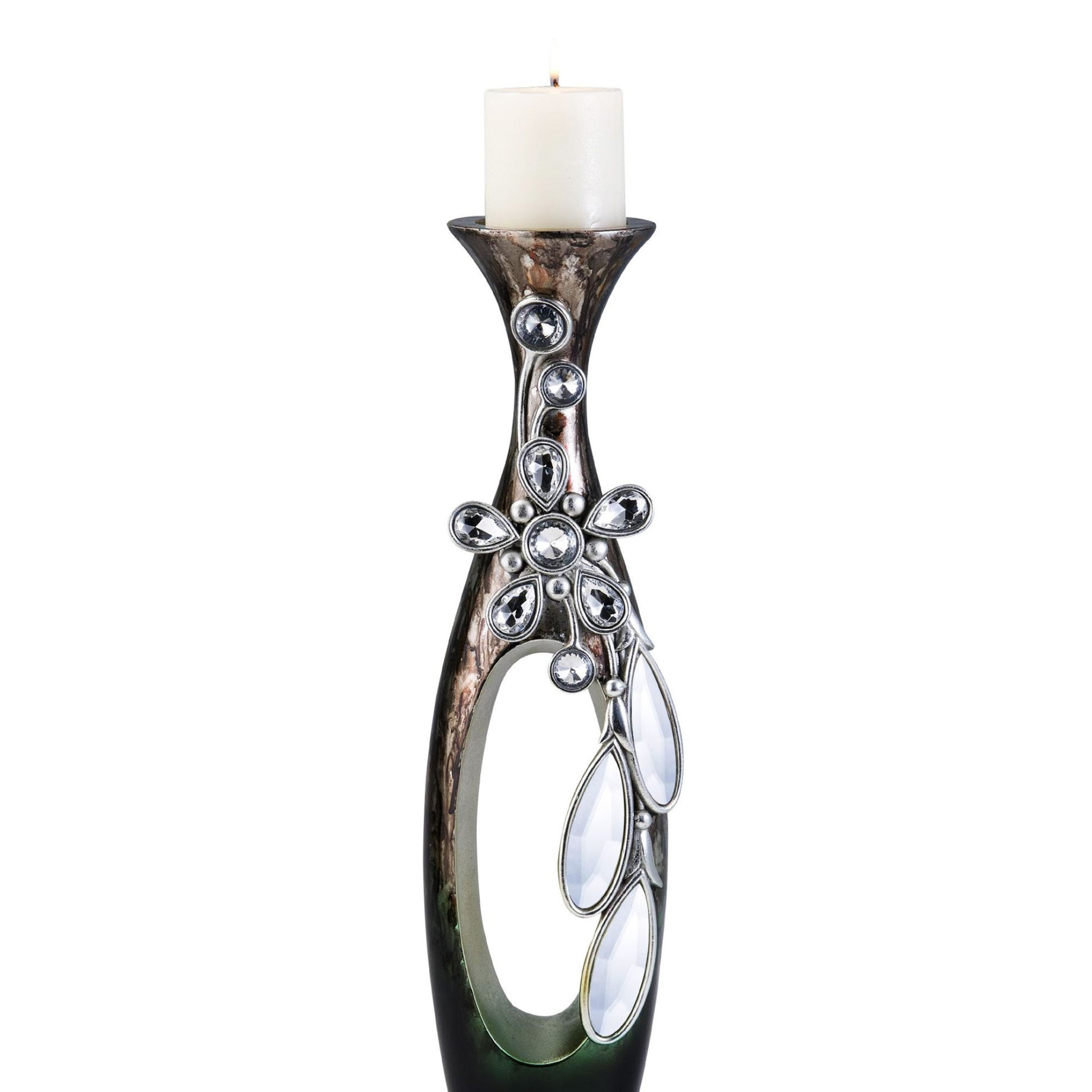 16" Tall Polyresin "Balleria" Candleholder, Crystal And Glass Accent Multicolor Polyresin