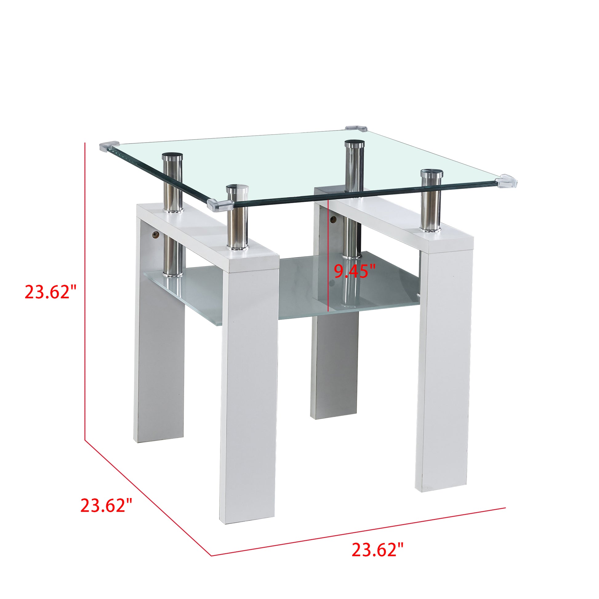 Clear Glass Top Side Table, 24"X24"X24" End Table, Modern Design For Home White Mdf