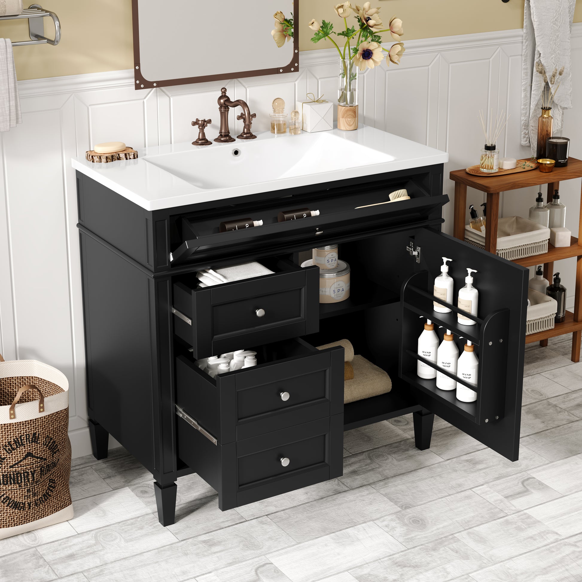 36'' Bathroom Vanity With Top Sink, Modern Bathroom Storage Cabinet With 2 Drawers And A Tip Out Drawer, Single Sink Bathroom Vanity Black Bathroom Solid Wood Mdf