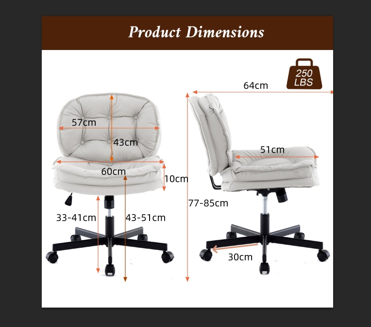 Armless Office Desk Chair With Wheels: Pu Leather Cross Legged Wide Chair,Comfortable Adjustable Swivel Computer Task Chairs For Home,Office,Make Up,Small Space,Bed Room Creamy White Antique Fiber Foam And Polyester Fiber Pad Pvc
